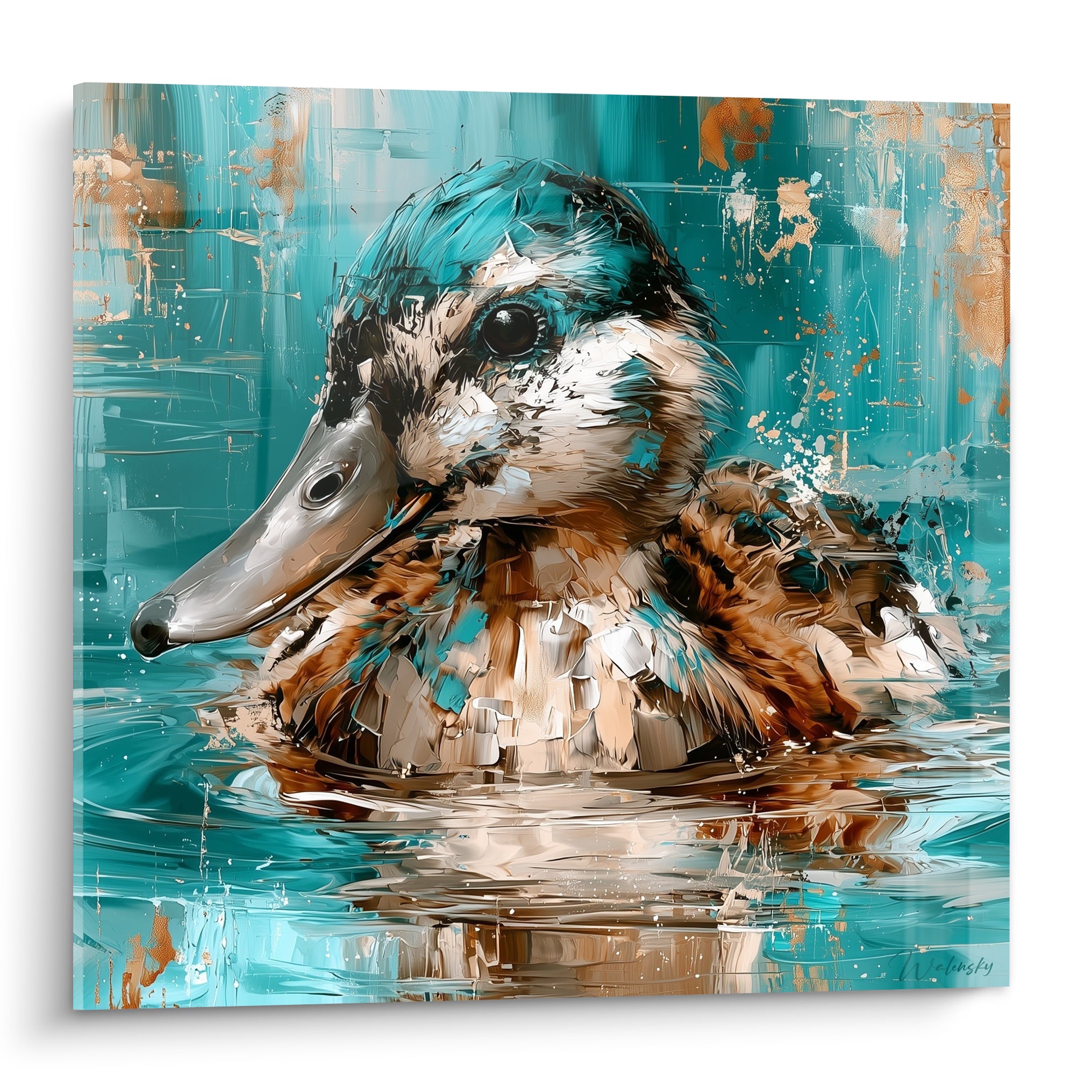 Canard turquoise et brun flottant sur une eau reflétant des touches cuivrées et dorées