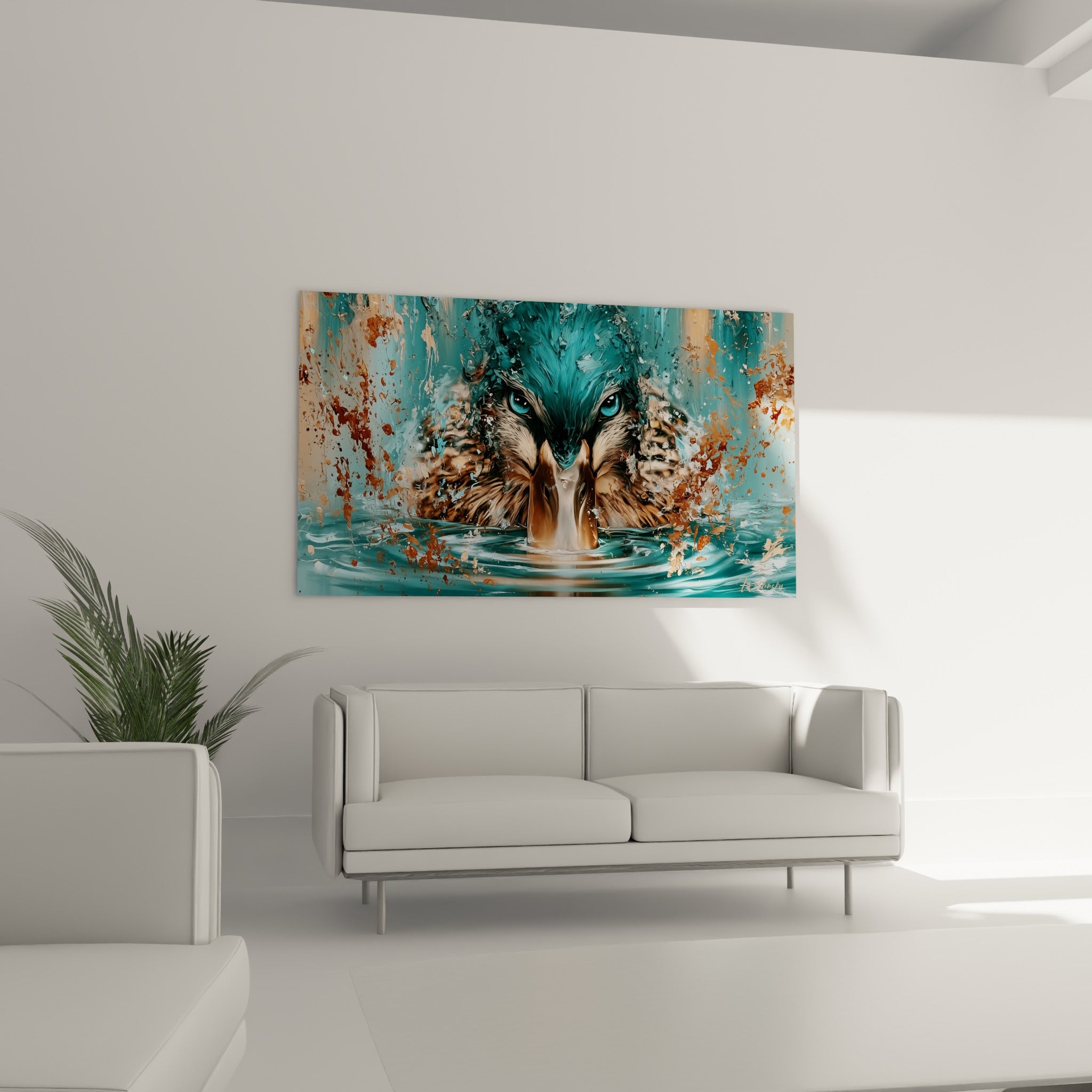 Plumage turquoise et doré d'un canard émergeant de l'eau, suspendu au-dessus d'un canapé dans un salon lumineux