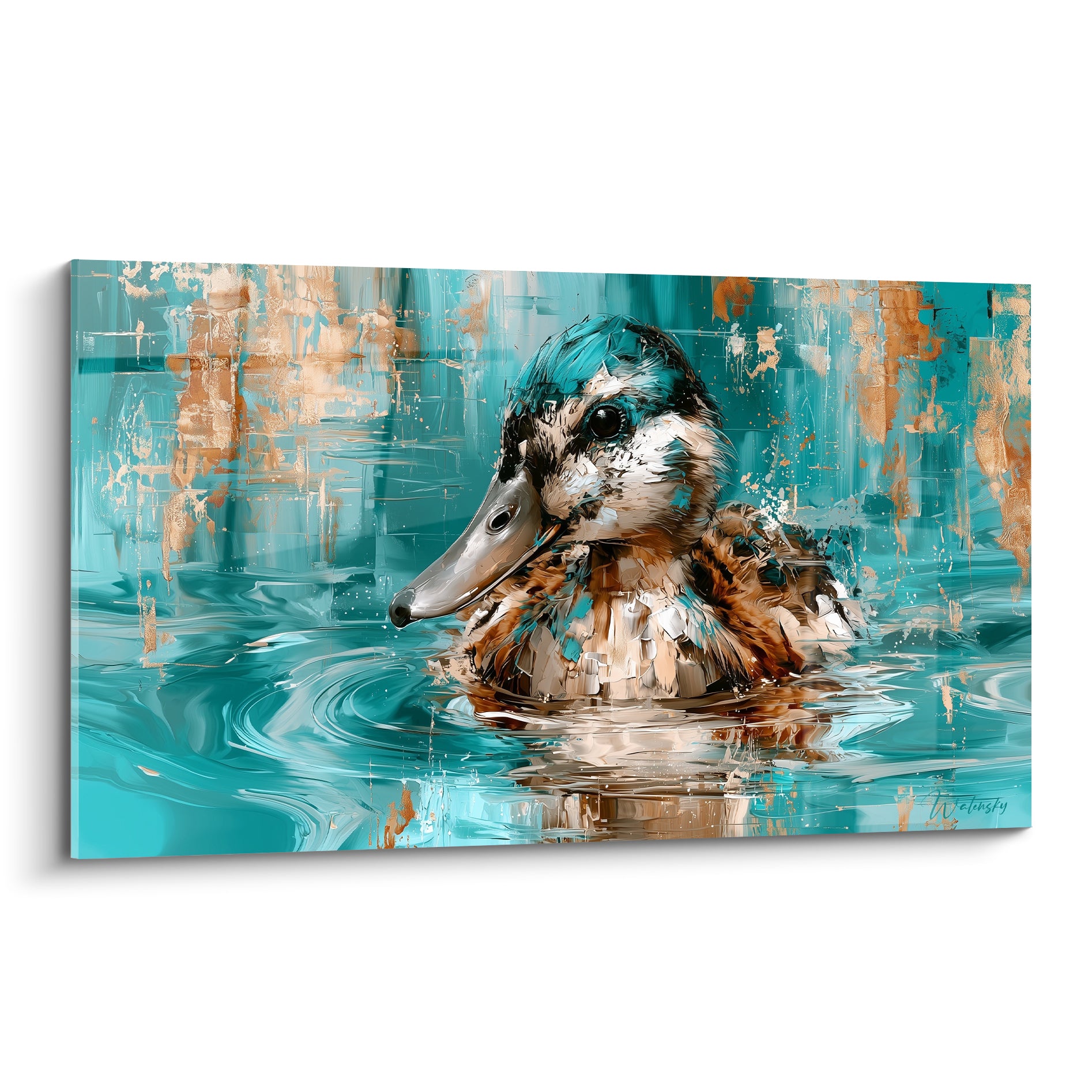 Canard turquoise et fauve nageant, plumage texturé, reflets dorés en arrière-plan aquatique