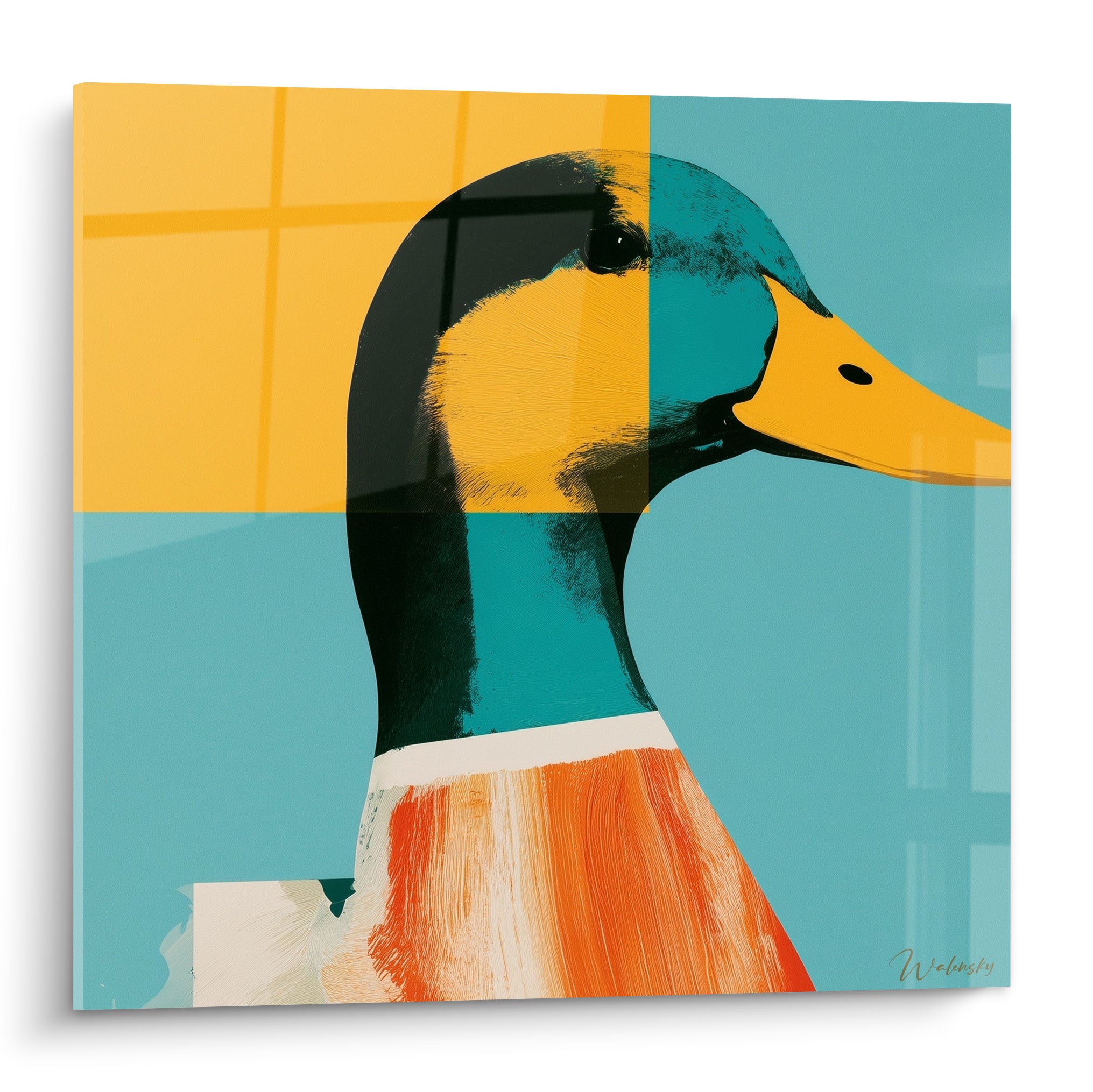 Canard colvert stylisé au bec orange vif sur fond jaune moutarde et bleu turquoise en blocs