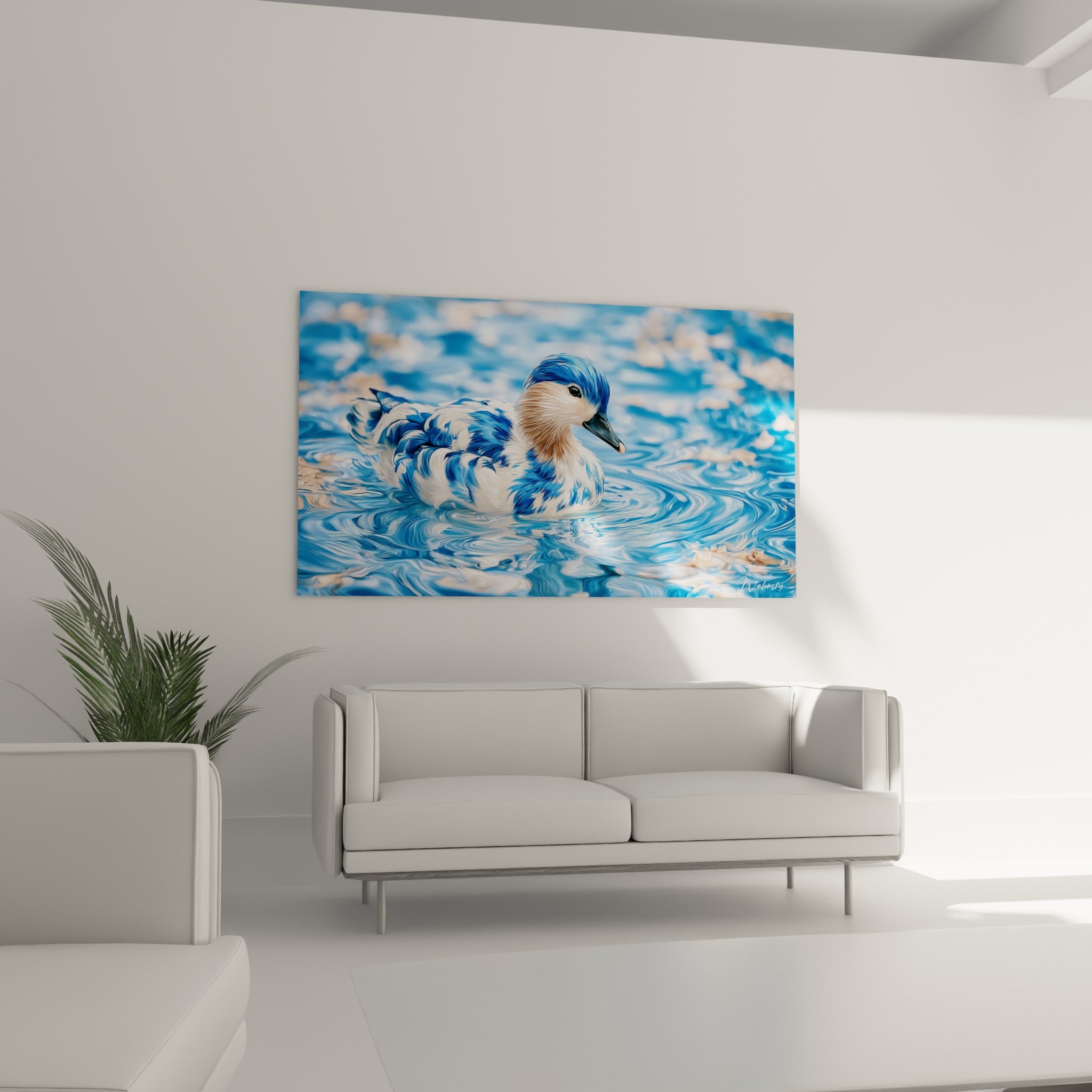 Silhouette d'un canard bleu turquoise sur eau ondoyante, suspendue au-dessus d'un canapé dans un salon lumineux