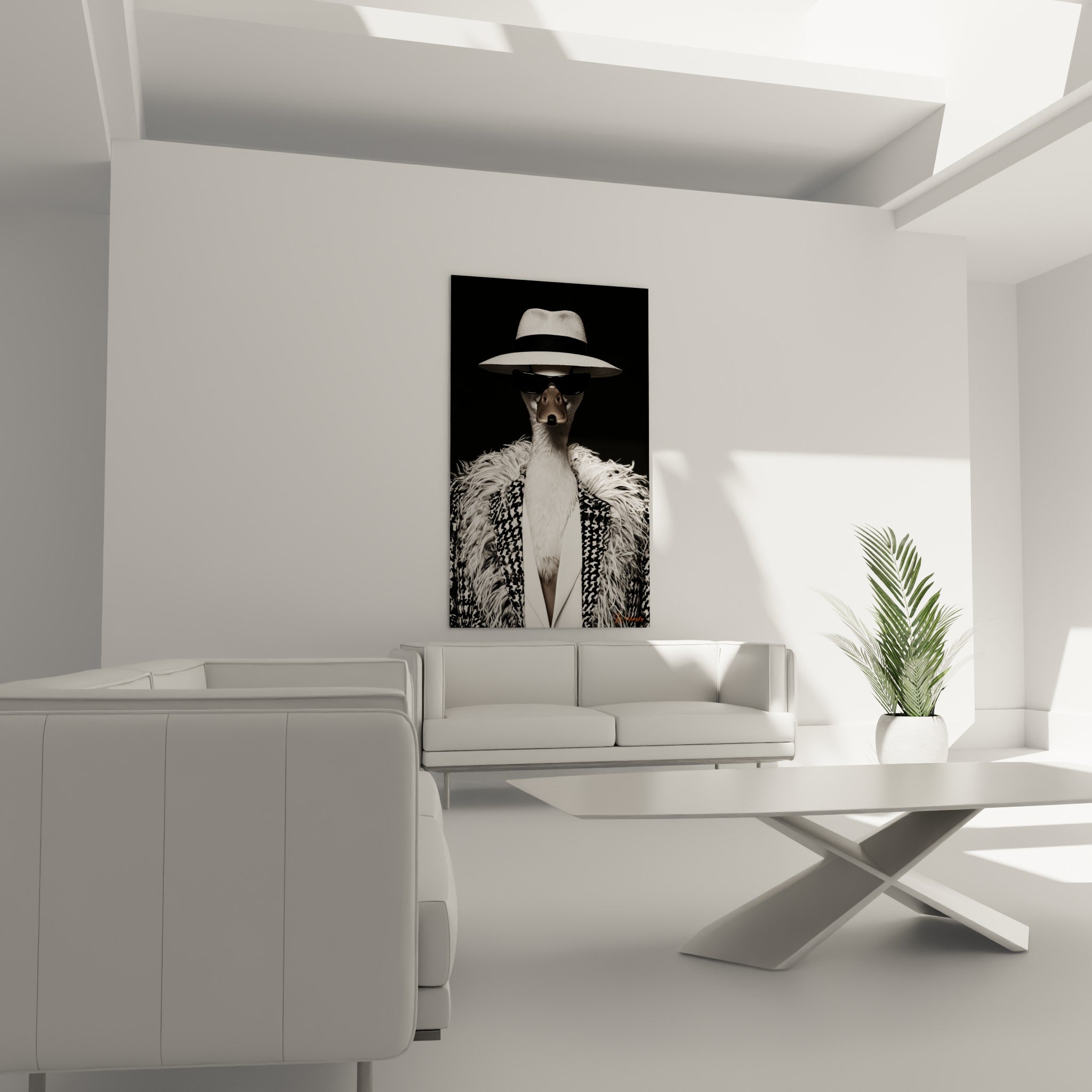 Canard sophistiqué en tweed noir et blanc placé au-dessus d'un canapé dans un salon lumineux