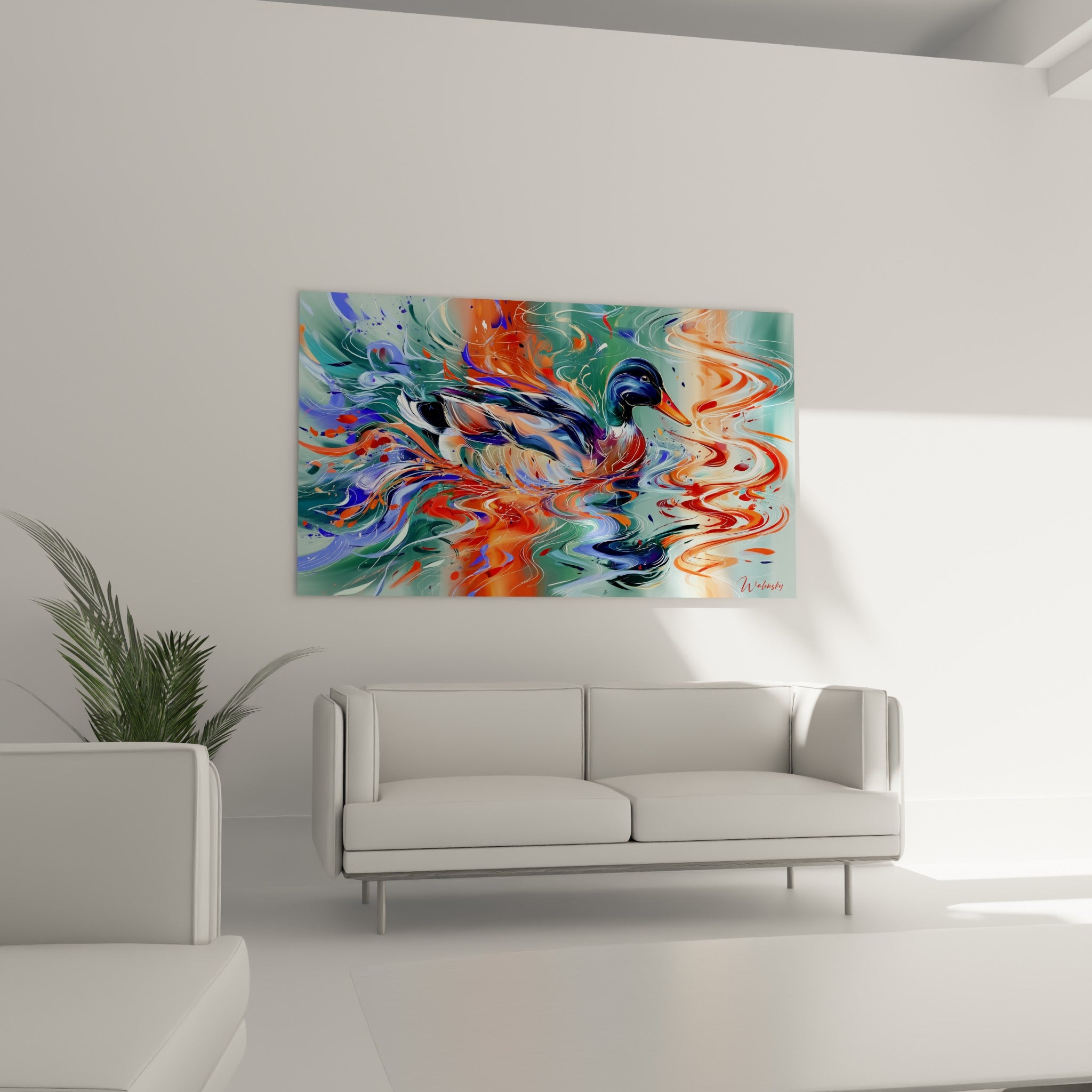Canard colvert entouré de vagues rouges et violettes au-dessus d'un canapé dans un salon lumineux