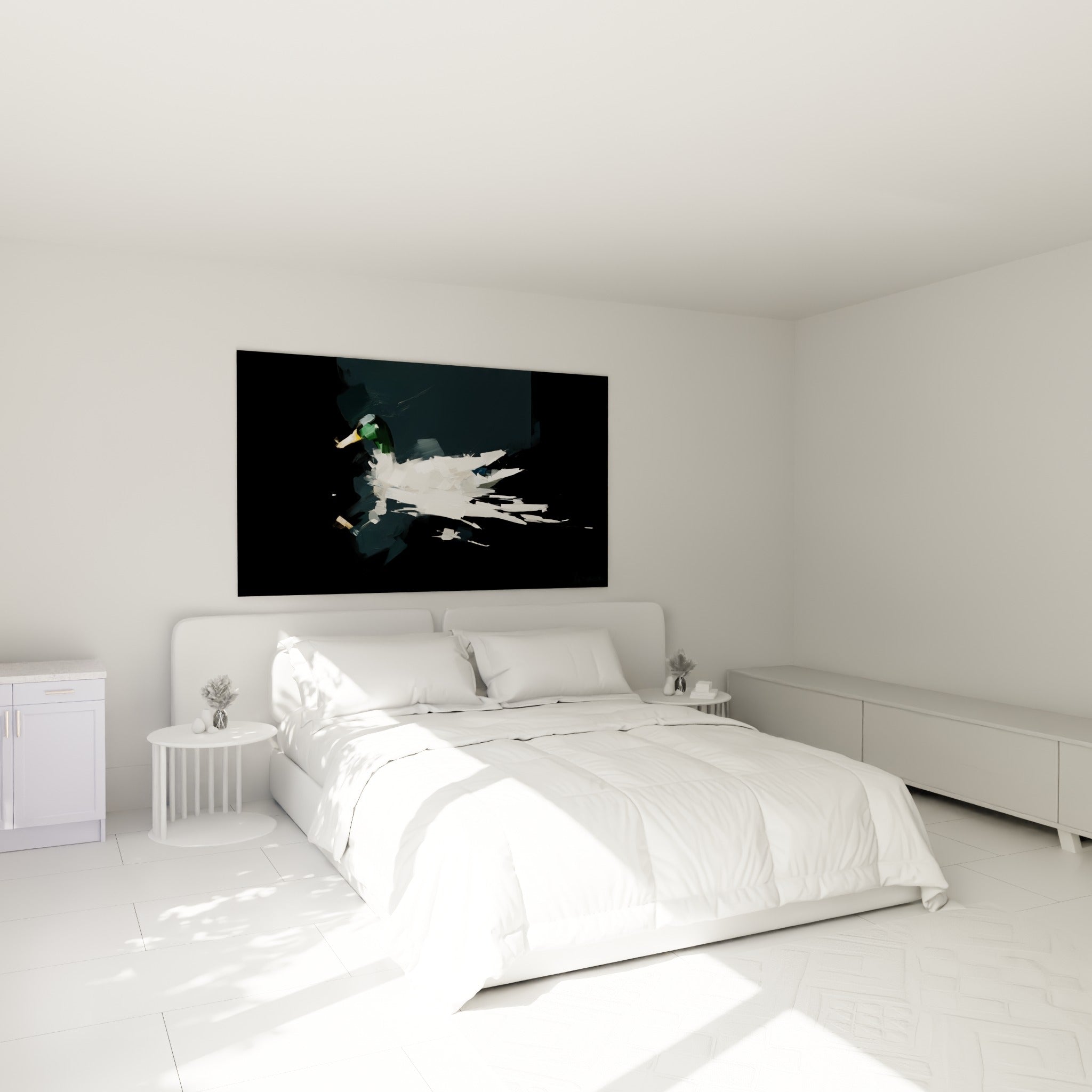Silhouette de canard blanc et vert accrochée au-dessus d'un lit dans une chambre claire
