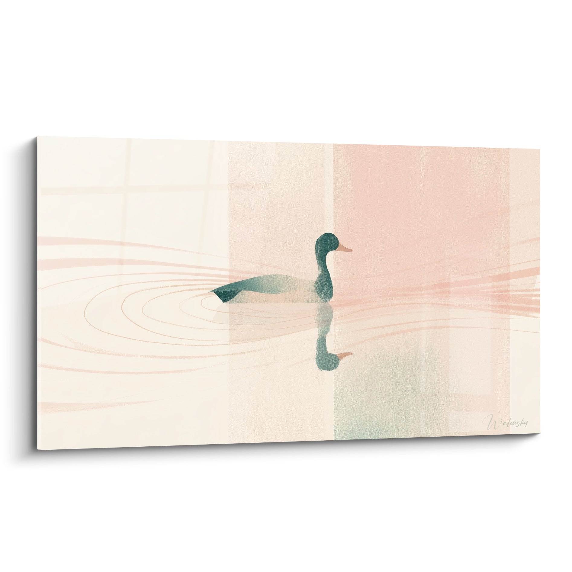 Canard vert émeraude glissant sur une eau rose poudré et beige, composition épurée aux lignes ondulées
