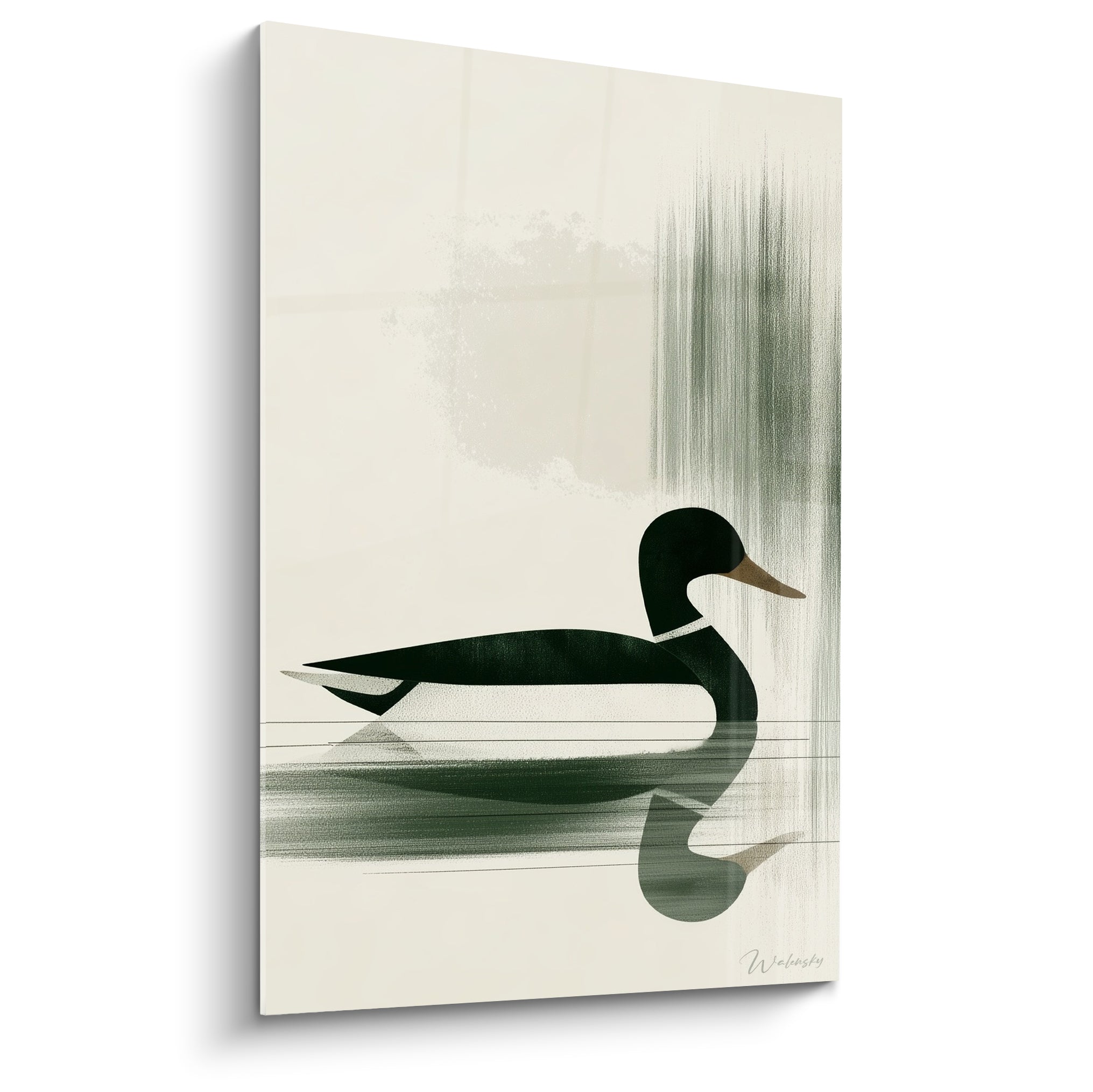 Canard vert foncé au bec doré flottant sur une eau ivoire, silhouette graphique épurée et reflet net