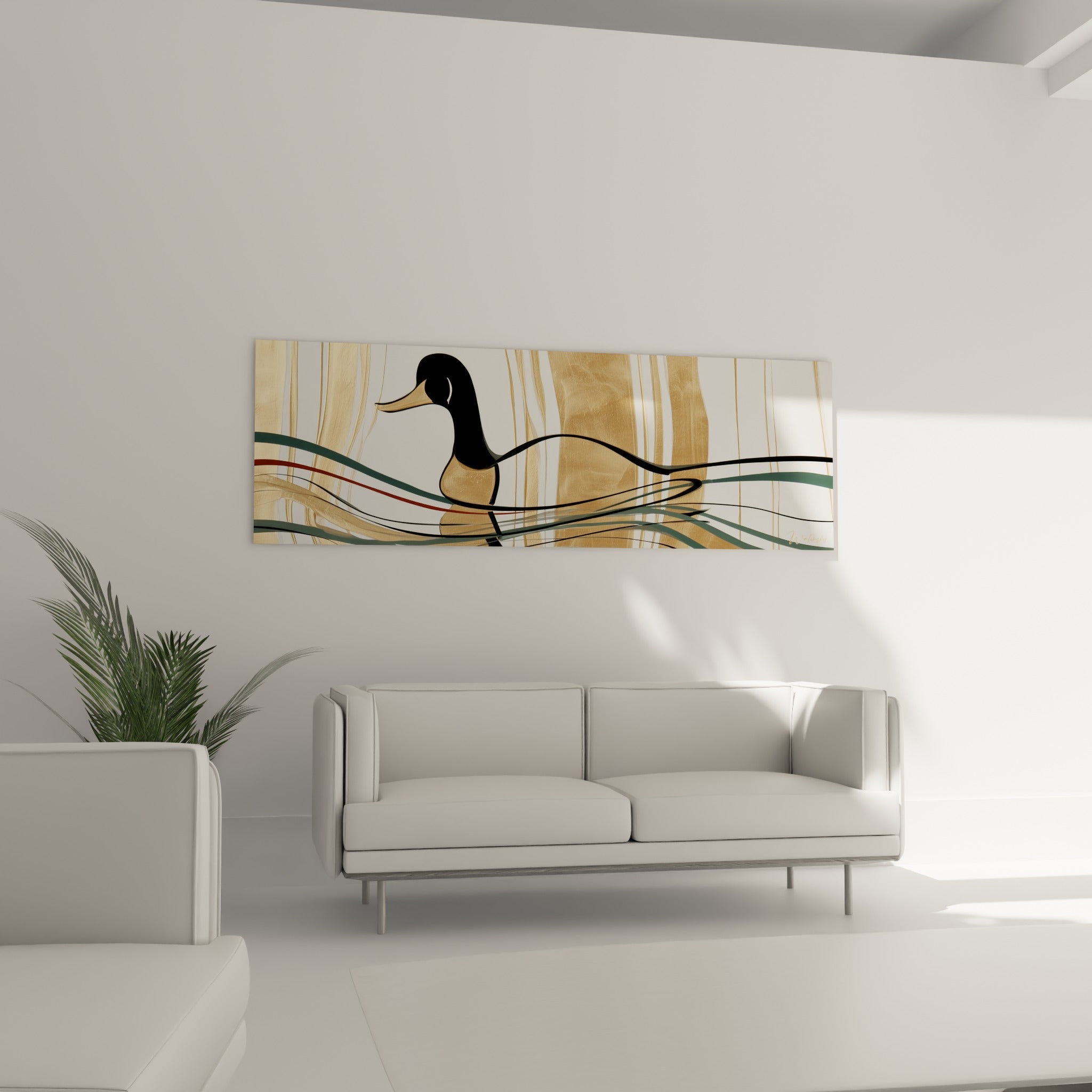 Oiseau graphique noir et or aux traits fluides, au-dessus d'un canapé dans un salon lumineux