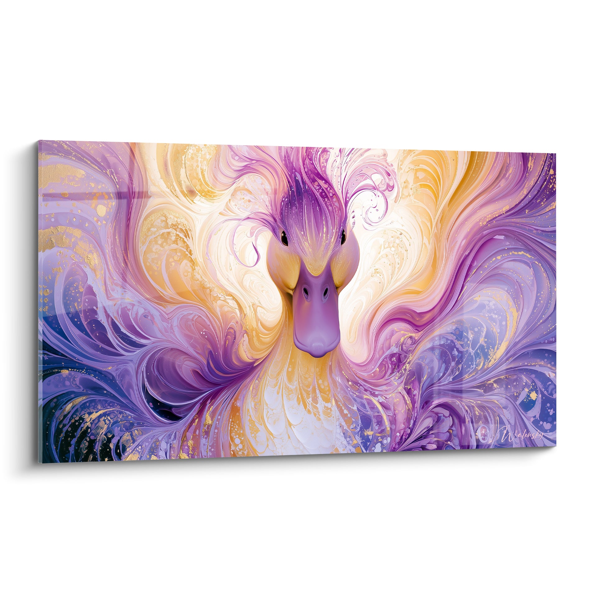 Canard violet et doré aux volutes tourbillonnantes, tête centrale et regard fixe, style aquarelle onirique