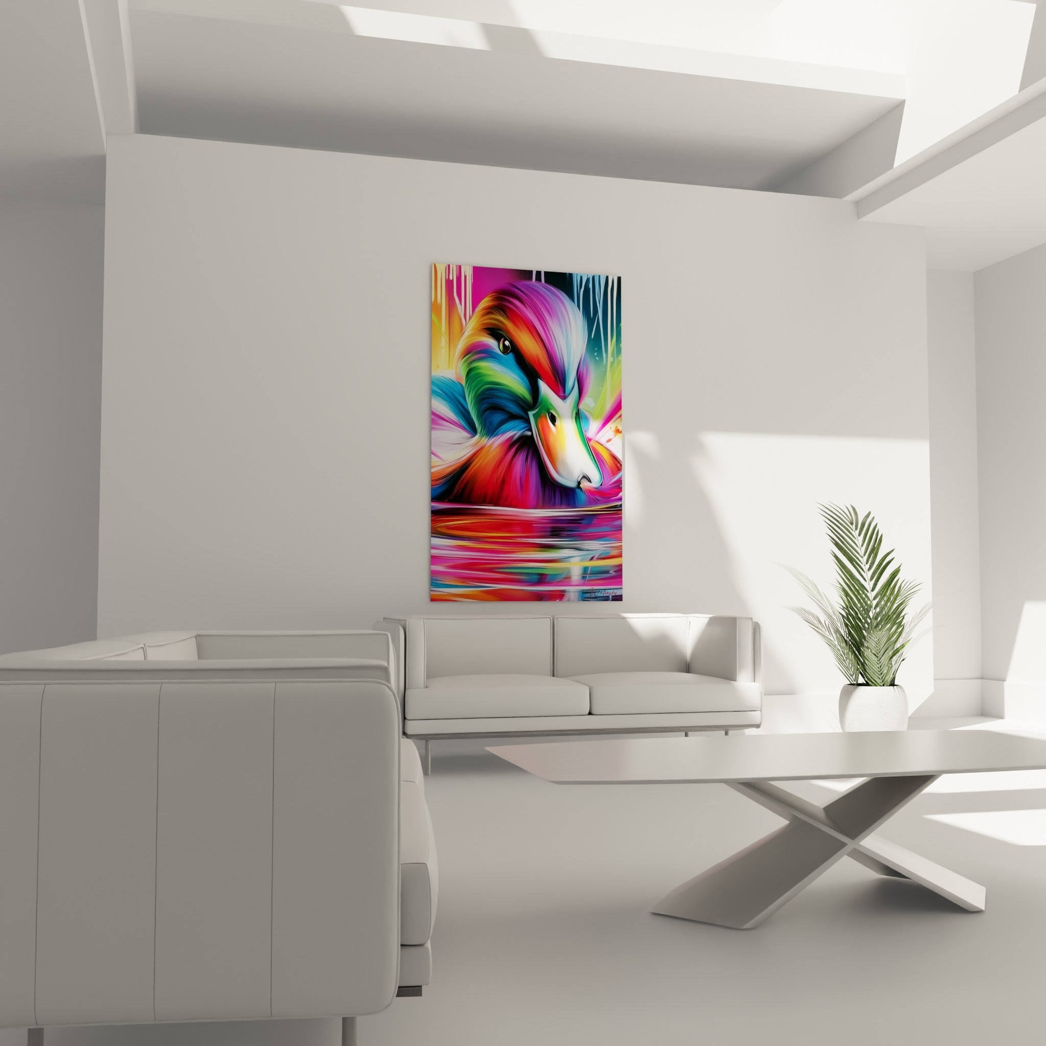 Bec blanc et œil sombre d'un canard multicolore au-dessus d'un canapé dans un salon lumineux