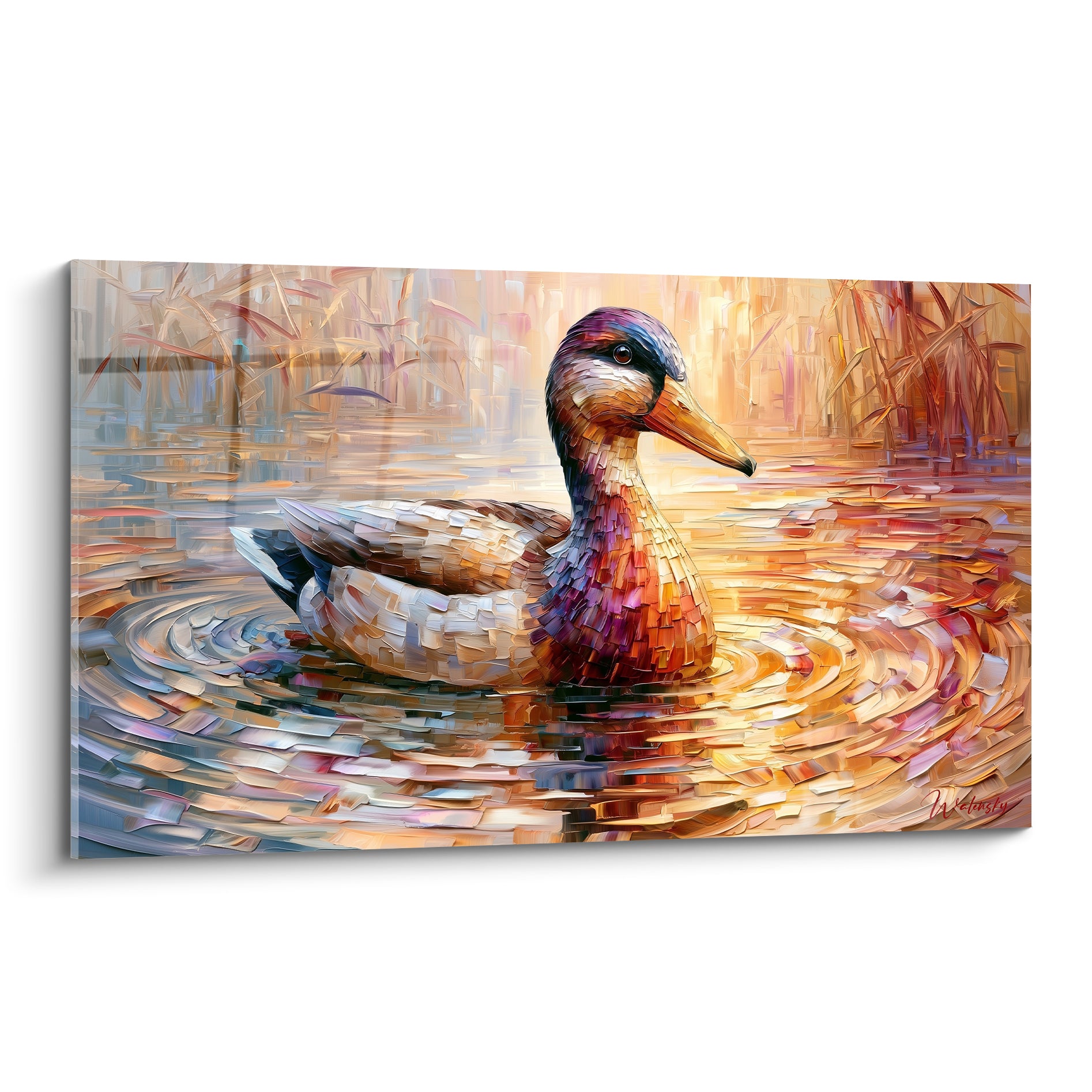 Canard aux reflets violets et dorés nageant sur une eau ondulée, technique empâtée vibrante