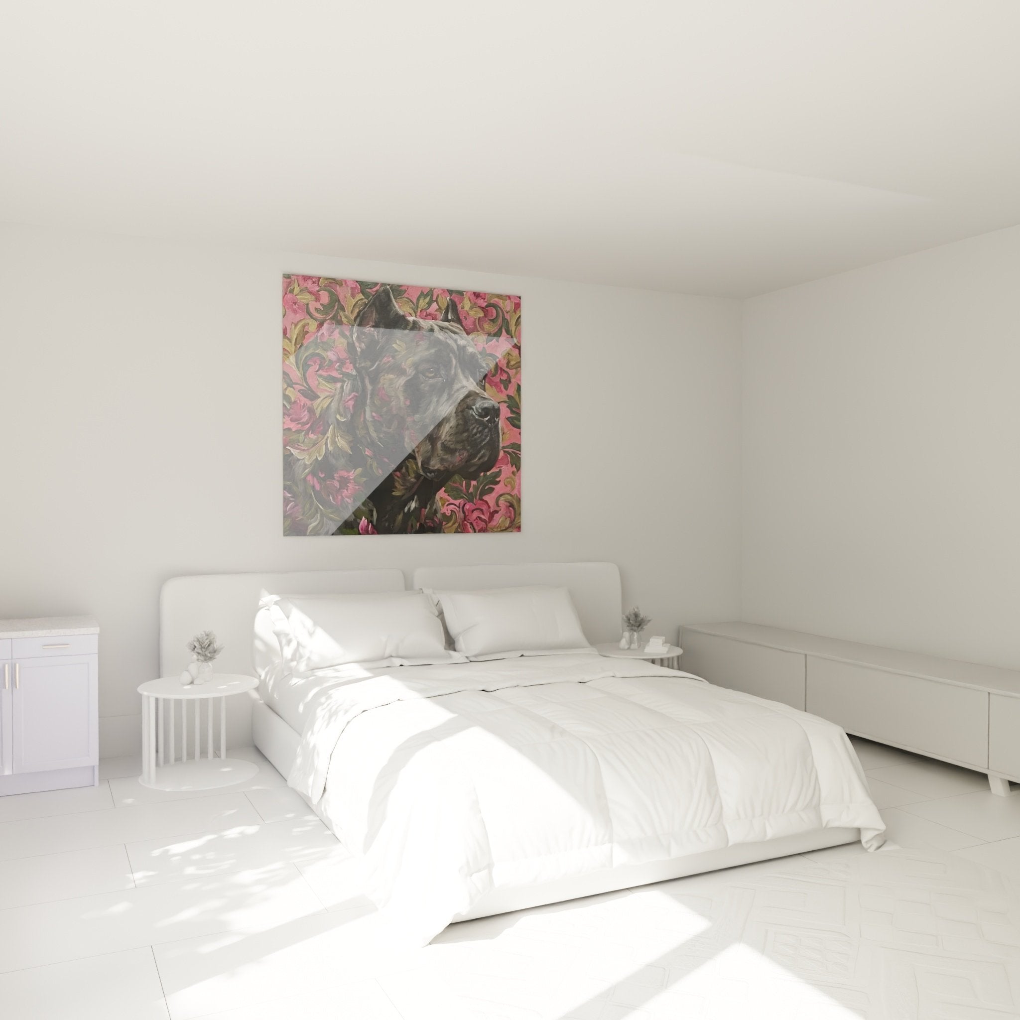 Tableau Cane Corso baroque roses dans chambre moderne murs clairs décoration murale élégante