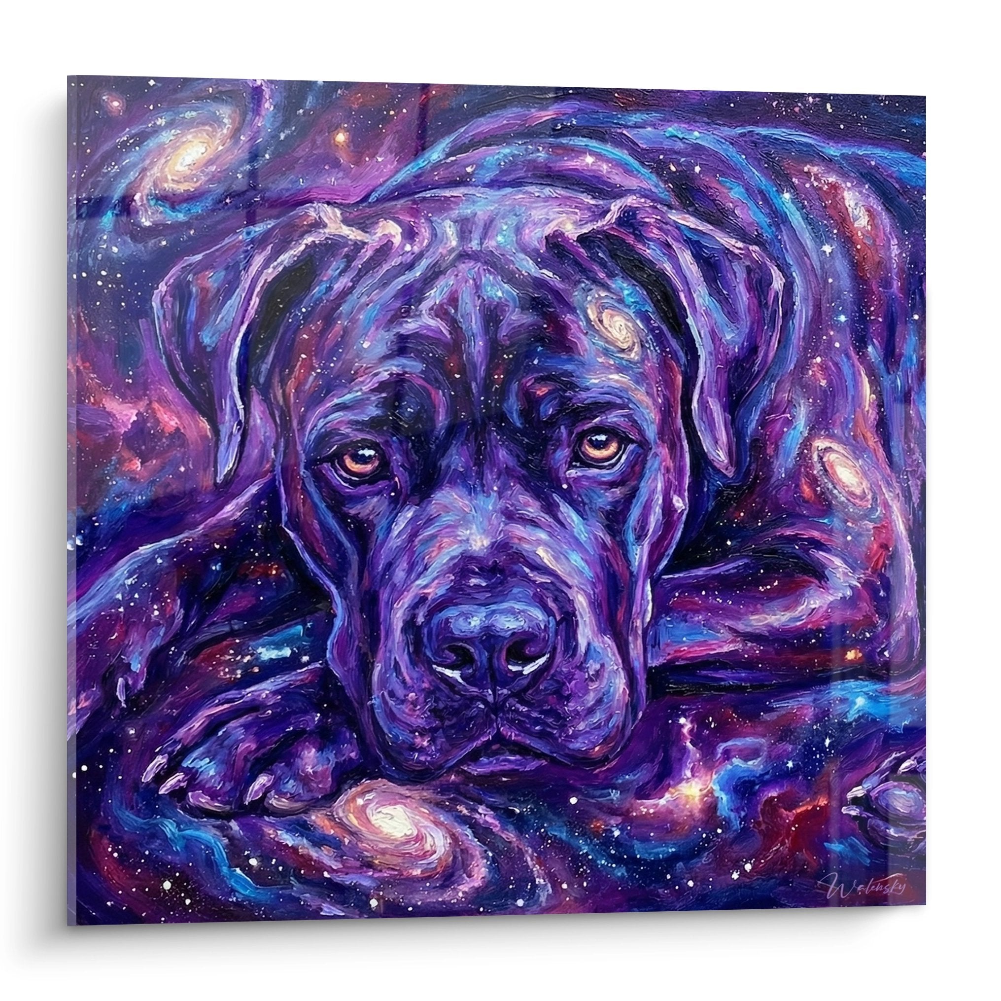 Tableau cosmique Cane Corso aux couleurs violettes et bleues avec galaxies tourbillonnantes et étoiles scintillantes