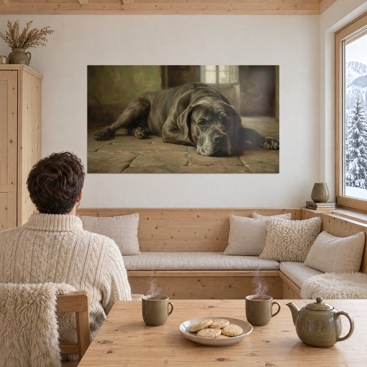 Πίνακας μαύρου mastiff με κρεμαστά χείλη, φόντο λαδοπράσινο και καφέ, πλάτες δύο ανθρώπων απέναντι στον τοίχο από πεύκο