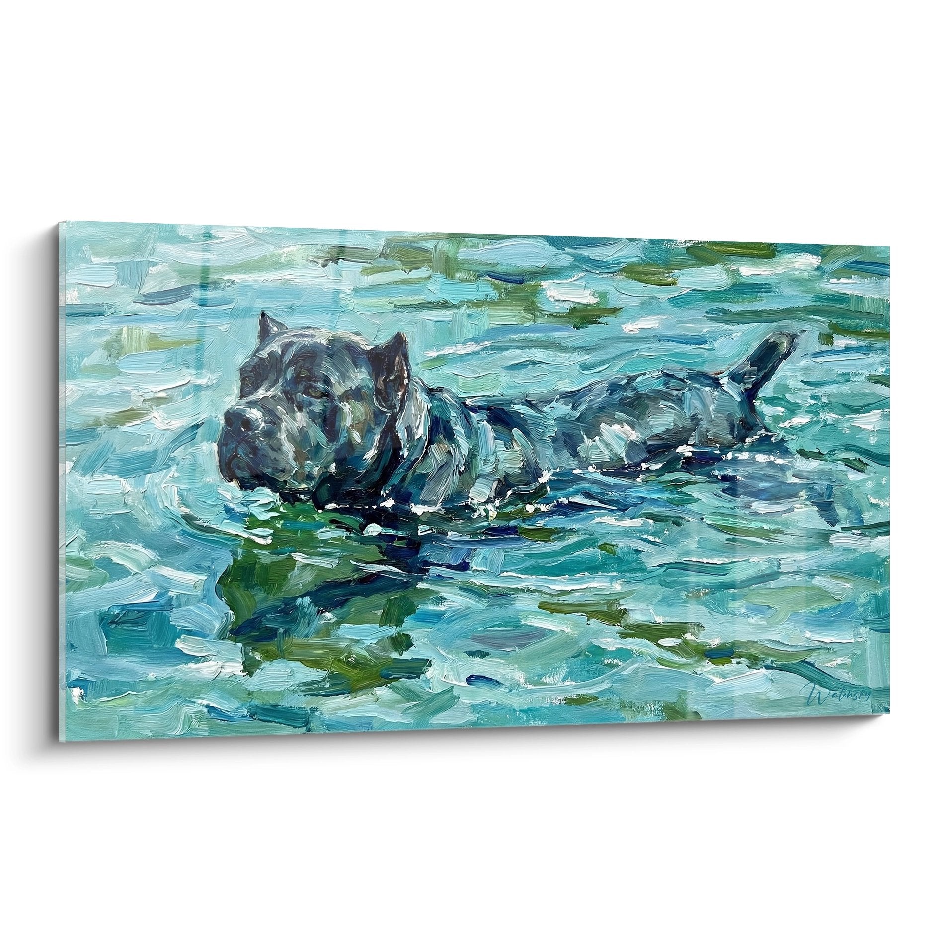 Tableau peinture Cane Corso nageant dans eau turquoise et verte, style impressionniste, art canin aquatique décoratif