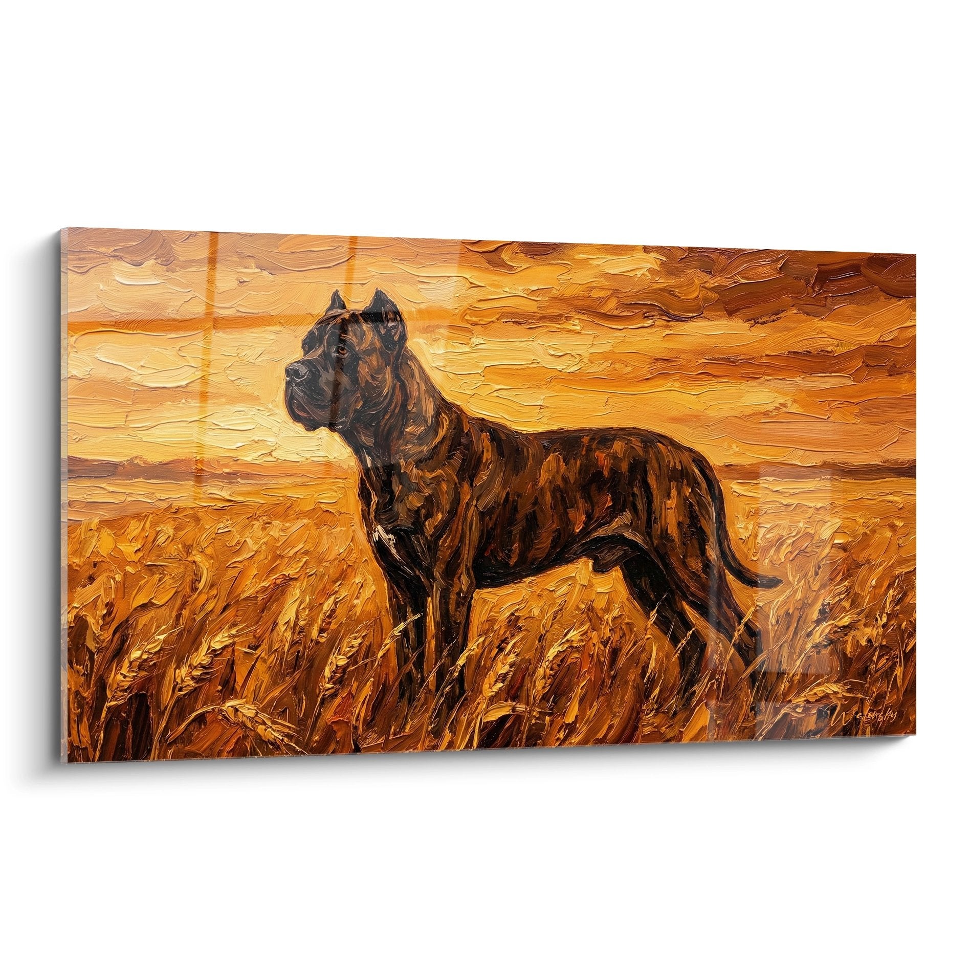 Tableau cane corso noir dresse prairie doree coucher soleil peinture huile texture empate champ ble