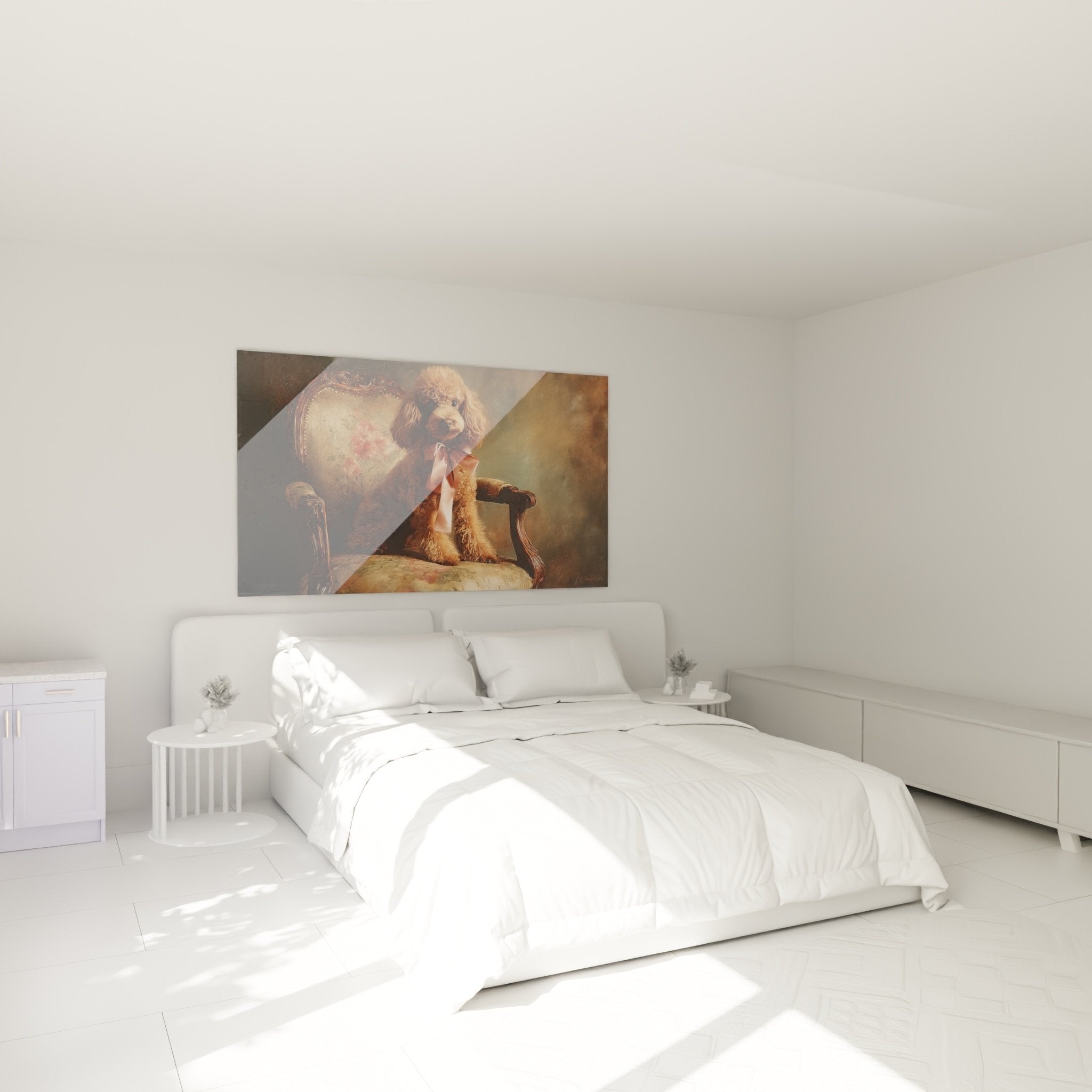 Aristokratisches Pudel-Gemälde mit rosa Schleife dekoriert klassisches Schlafzimmer beige Wände antike Möbel