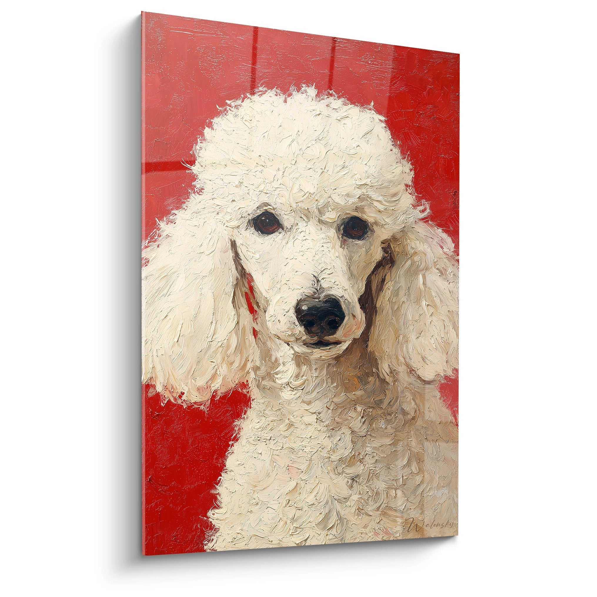 Tableau portrait caniche blanc aux yeux noirs expressifs sur fond rouge vif, peinture texturee style contemporain