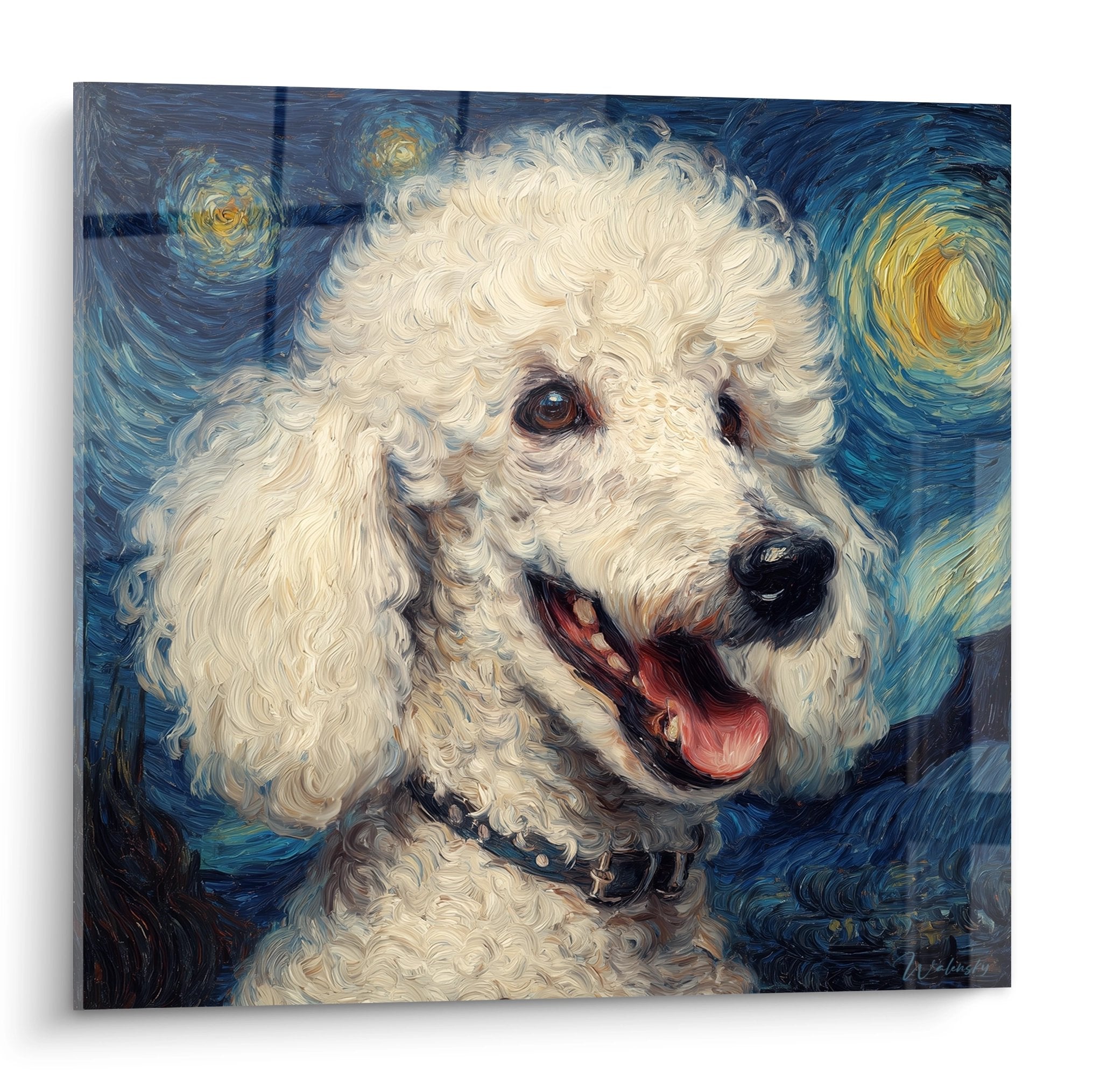 Tableau caniche blanc aux yeux bruns expressifs sur fond de nuit etoilee tourbillonnante bleue et doree