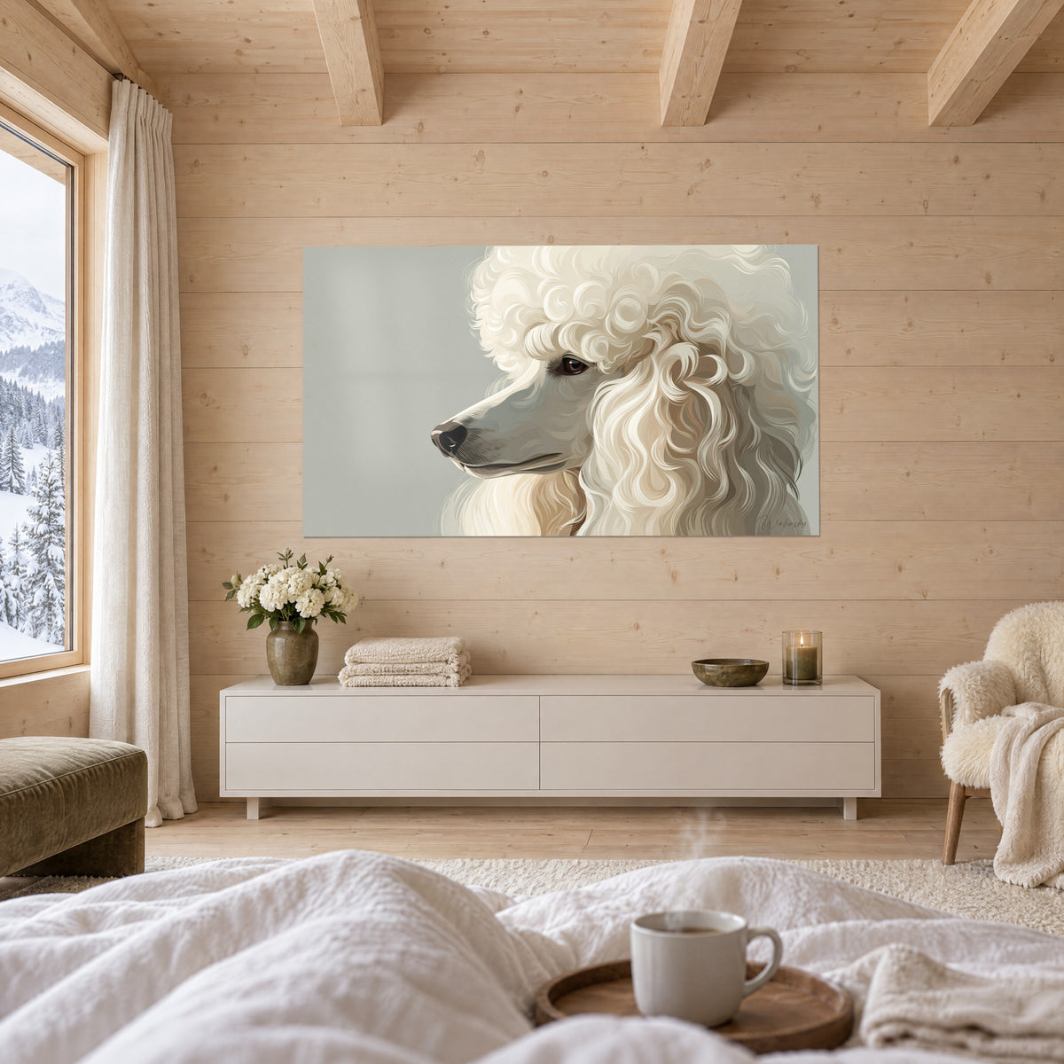 Quadro di un cane riccio bianco sporco e grigio perla, con occhio marrone di profilo, sopra un letto in una camera luminosa