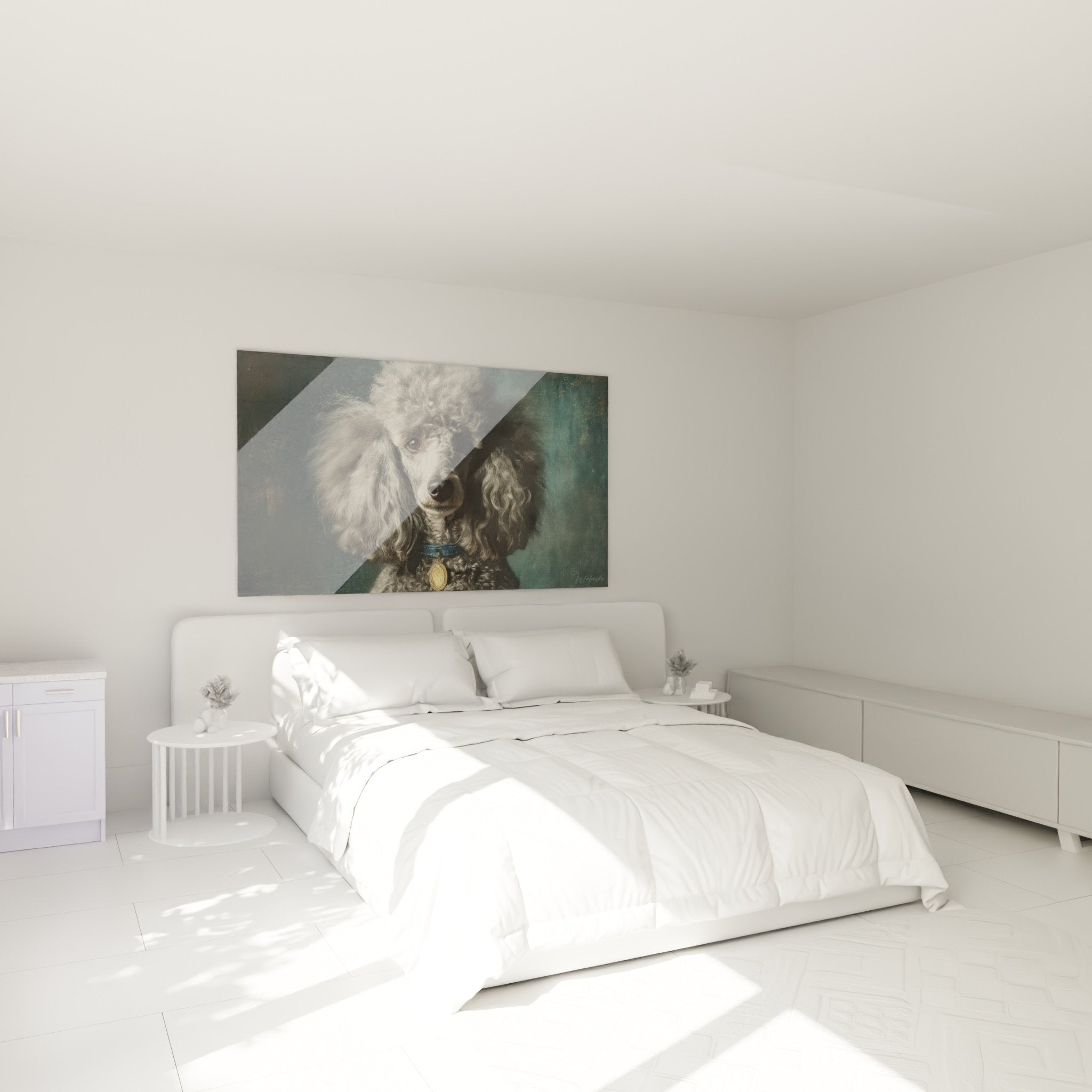 Tableau Caniche aristocratique dans chambre élégante aux murs clairs et mobilier raffiné