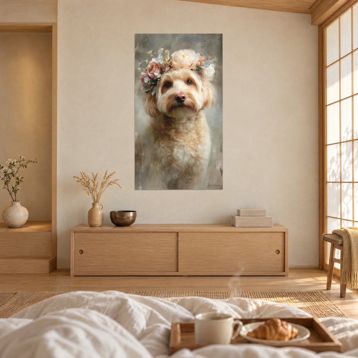 Quadro cagnolino riccio biondo incoronato di rose rosa cipria e foglie verde rame, sopra un letto in una camera luminosa