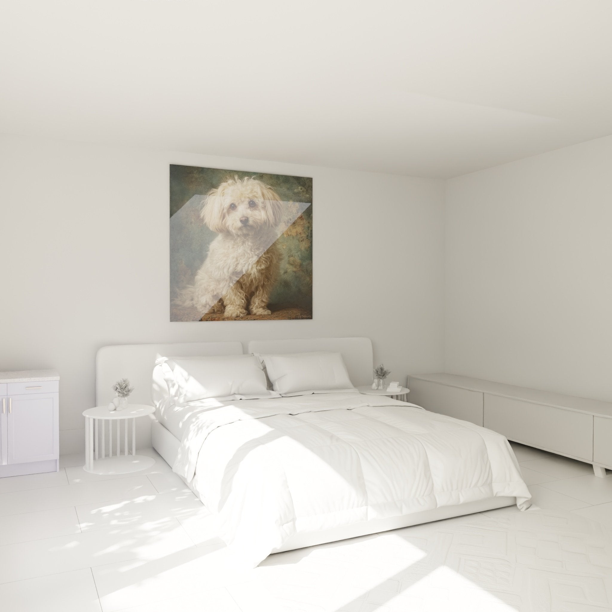Tableau caniche creme boucles dans chambre decoration murale douce apaisante