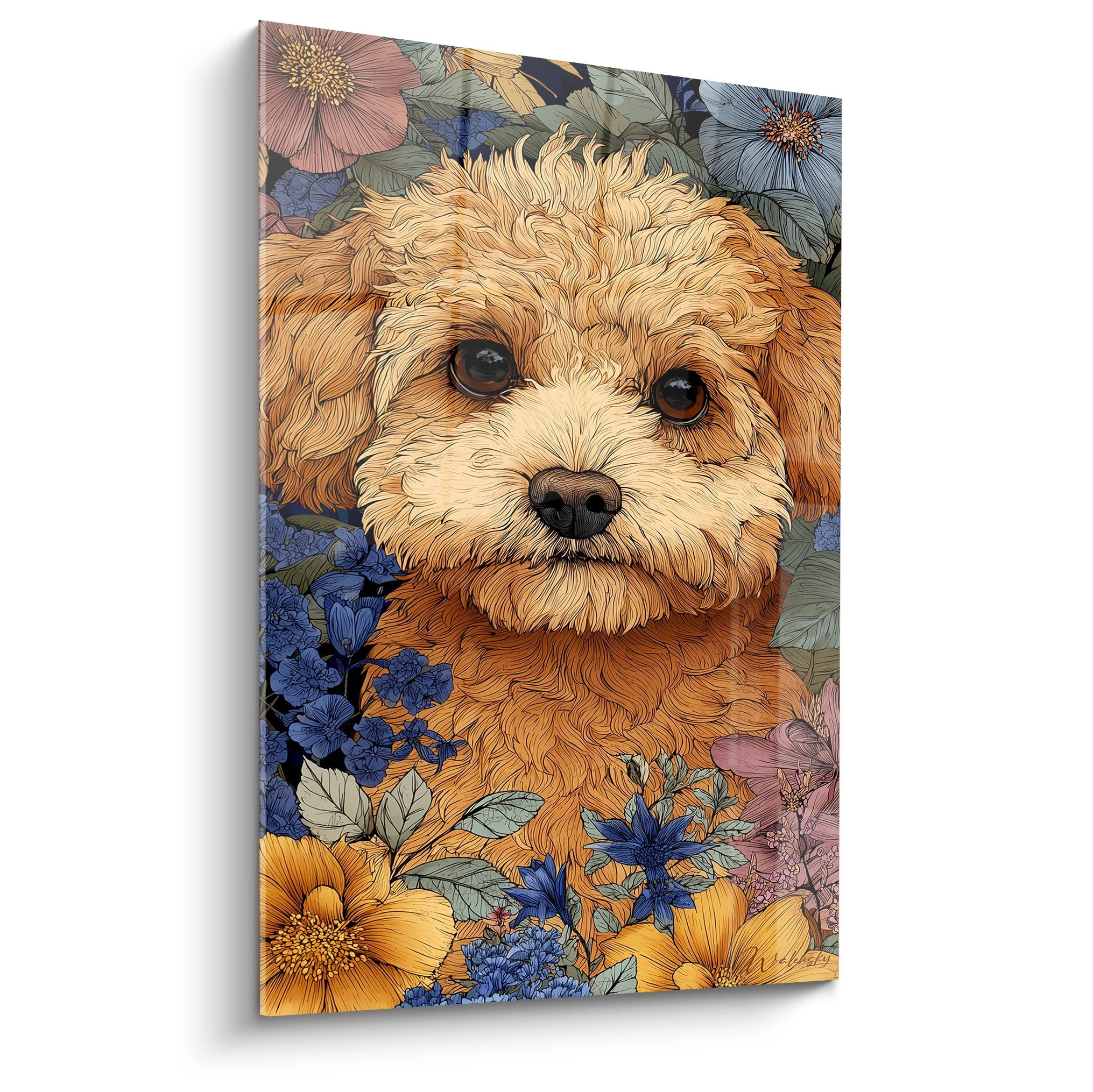 Portrait artistique caniche doré aux yeux tendres entouré fleurs bleues roses oranges style botanique