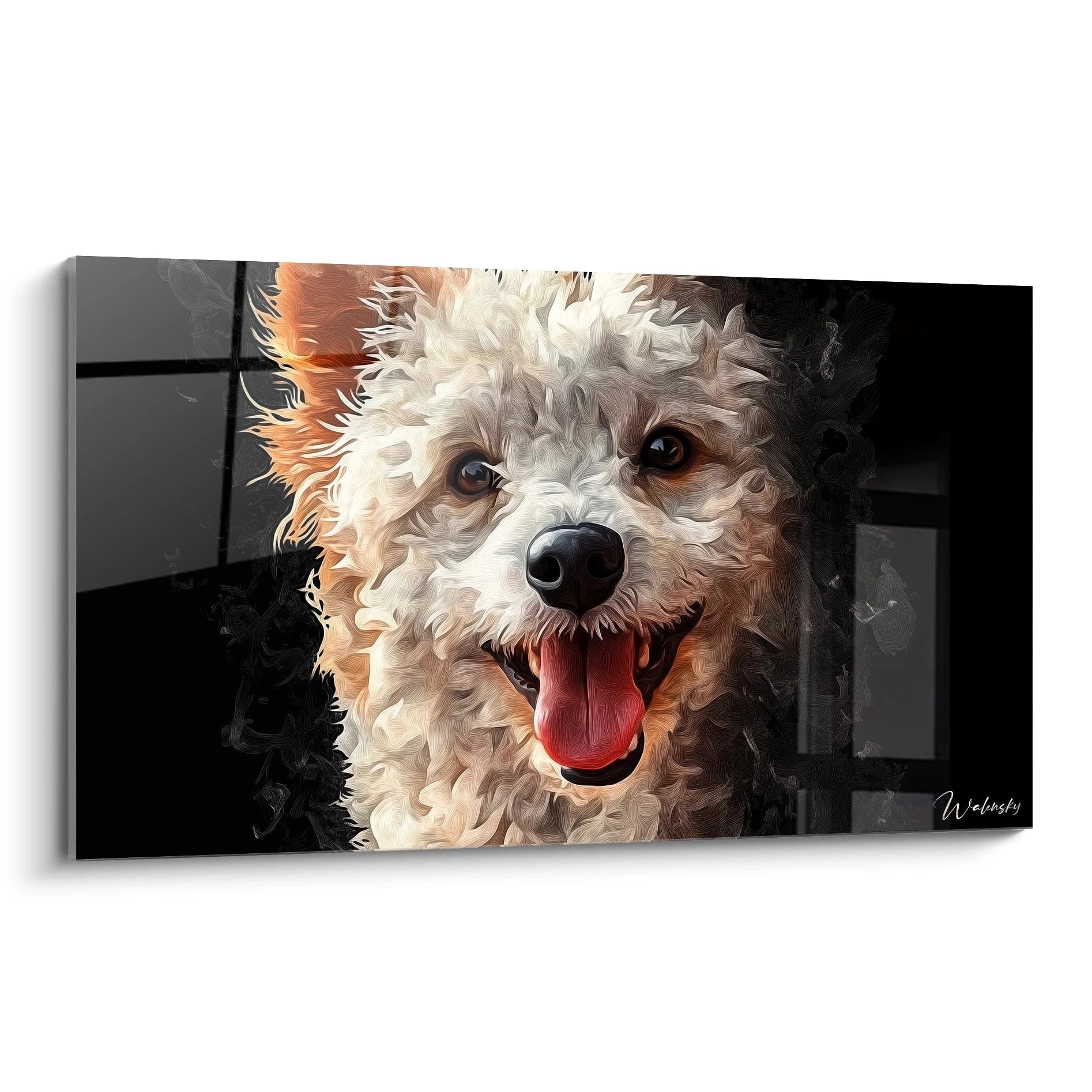 Un tableau caniche présentant un gros plan facial d'un caniche blanc à orange, avec une langue rose vif et des yeux bruns expressifs sur fond noir. Texture détaillée rendant chaque boucle de fourrure avec un effet tridimensionnel saisissant.