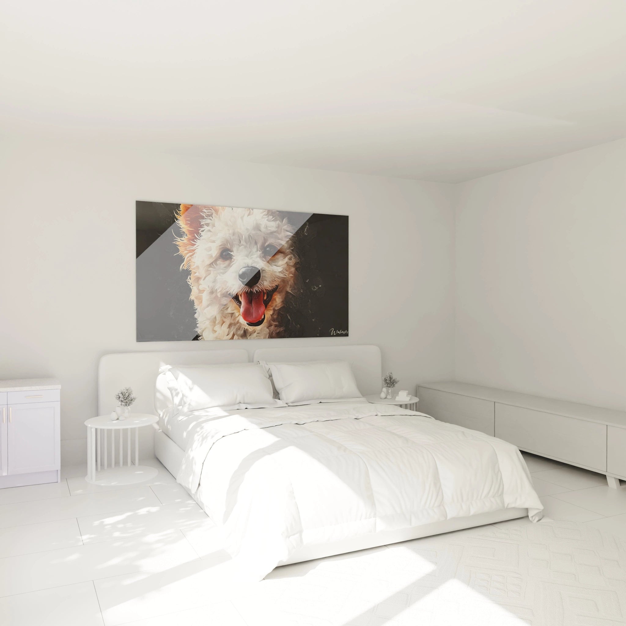 Un tableau caniche montrant un portrait frontal d'un caniche à fourrure blanche bouclée avec des accents orangés. Contraste marqué entre la fourrure claire et le fond noir profond, textures fines et détaillées sur le museau et le pelage.