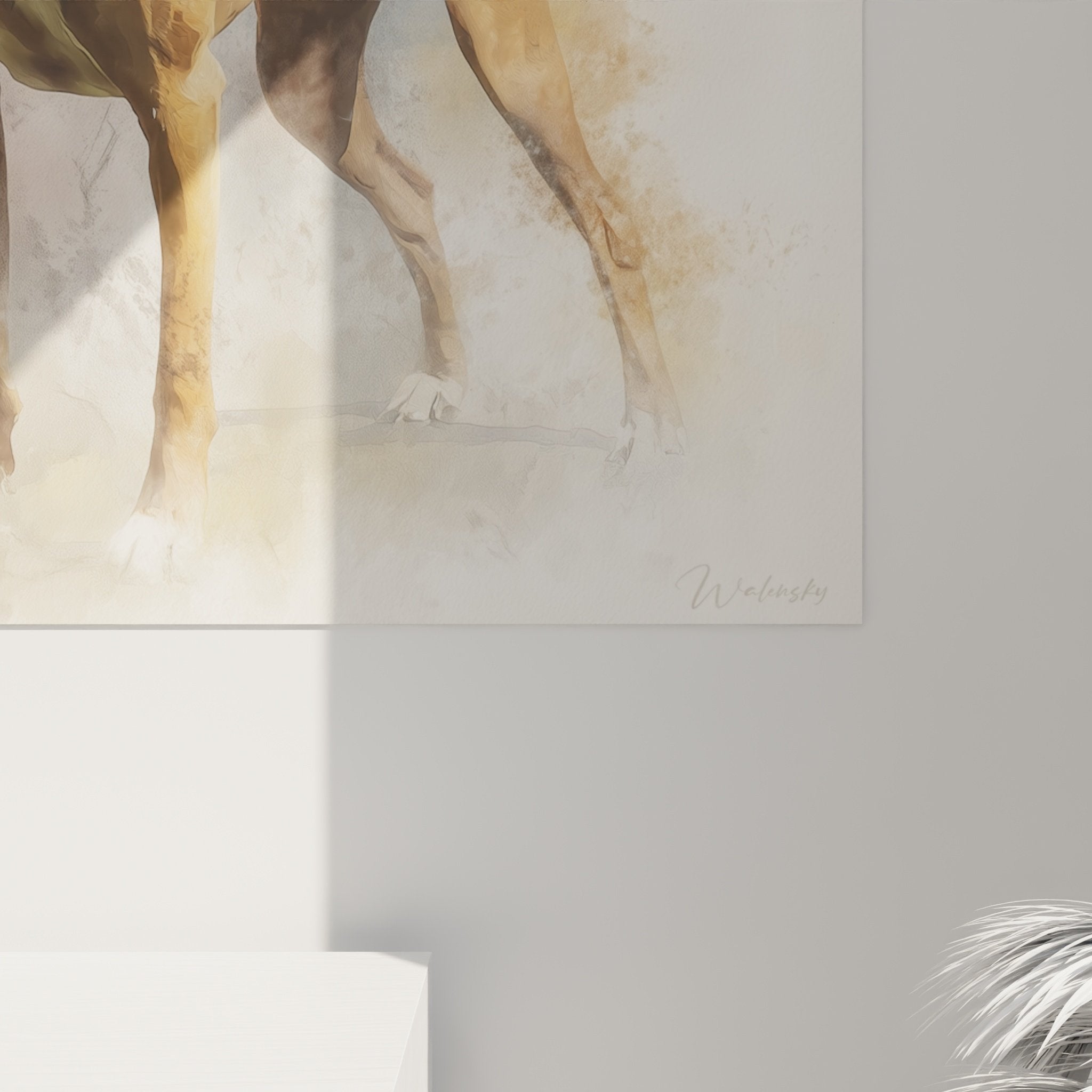 Vista d'insieme del quadro ritratto canino acquerello in un interno contemporaneo