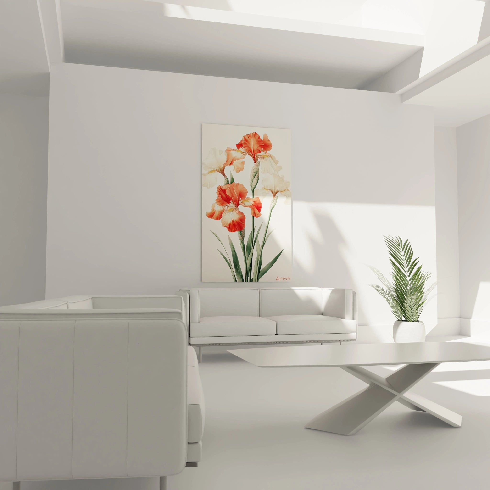 Un tableau canna nature mettant en avant des fleurs de canna en rouge et orange, contrastant avec un fond blanc. Les feuilles vertes présentent des nuances dégradées et des traits délicats.