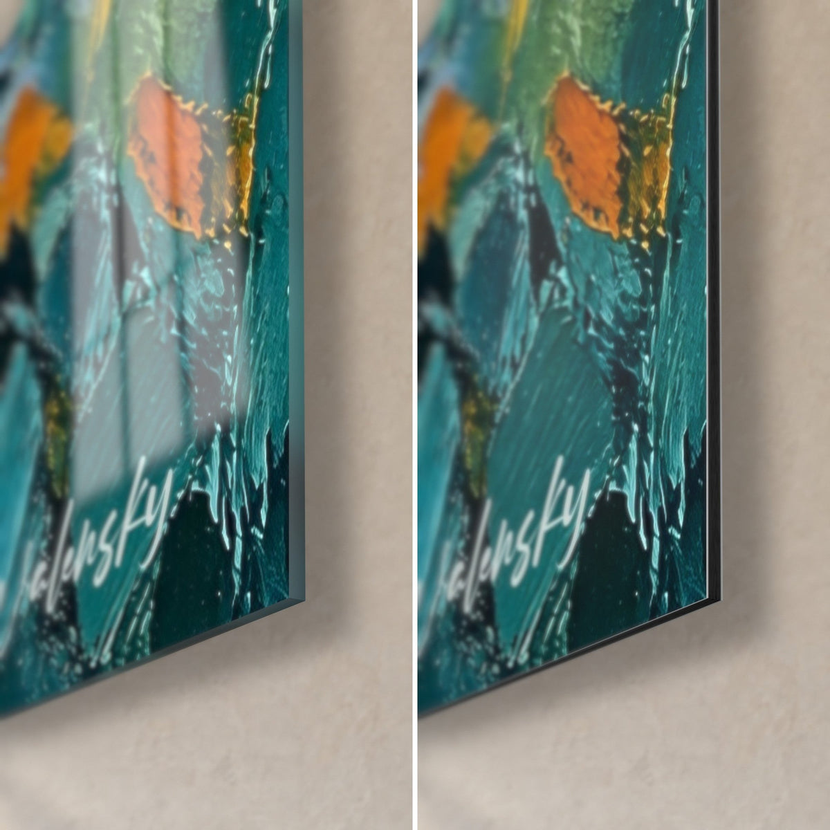 Tableau anse méditerranéenne en peinture à l'huile, coin bas droit : turquoise profond et orange vif, verre brillant et Dibond mat