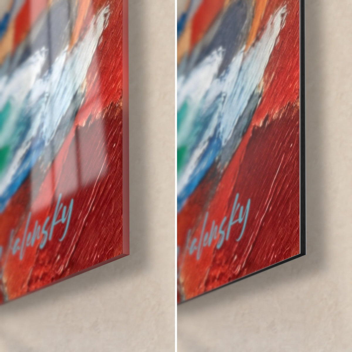 Tableau promenade cubiste aux palmiers, coin bas droit : verre acrylique brillant à gauche, Dibond mat à droite, rouge vif et bleu, tranche de 3 mm