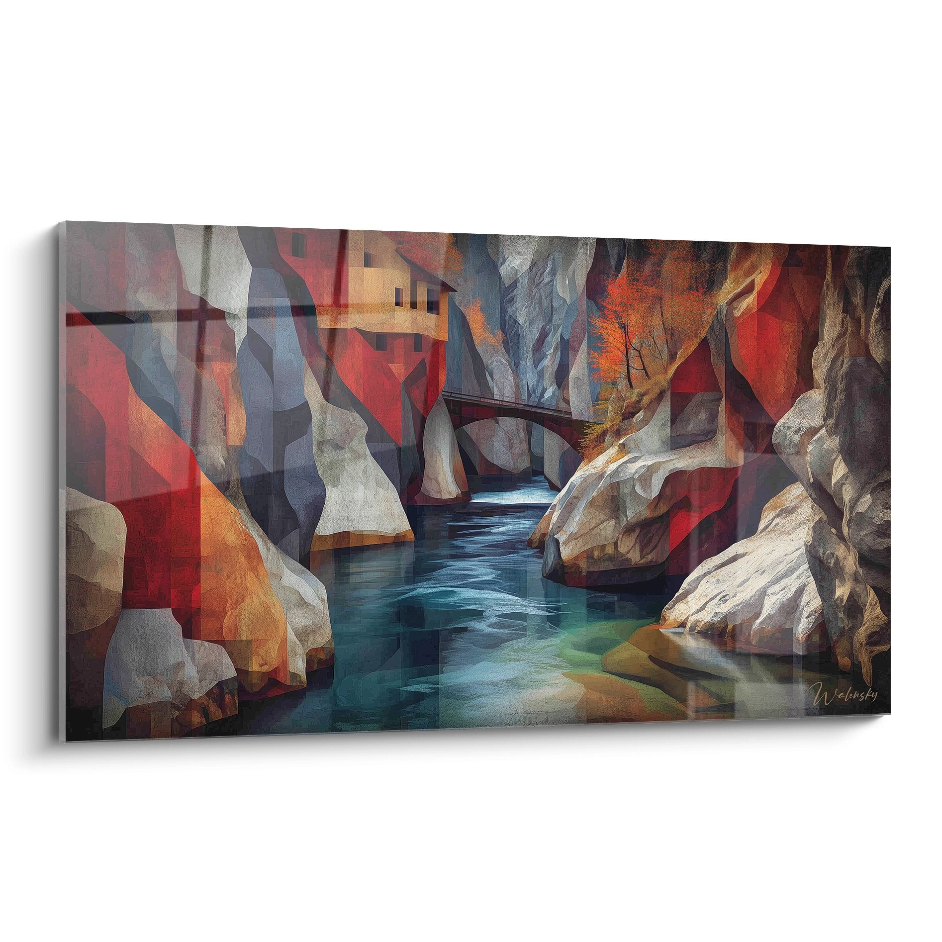 Tableau mural canyon aquatique style cubiste avec rivière turquoise et formations rocheuses colorées
