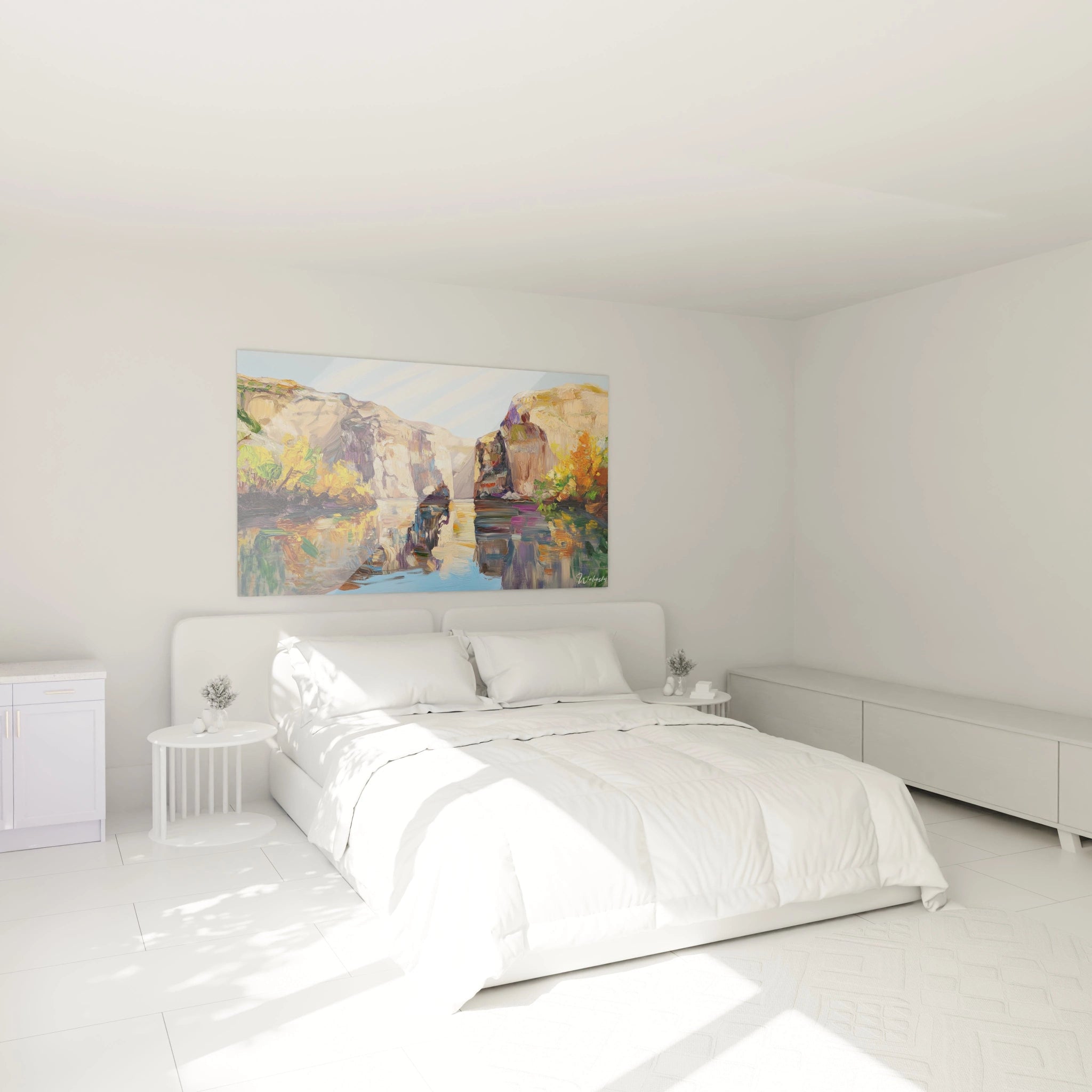 Tableau paysage montrant des falaises majestueuses encadrant un plan d'eau miroir, combinant des ocres dorés et des beiges pour les formations rocheuses avec des touches de vert et d'orange pour la végétation automnale, créant une symétrie parfaite.