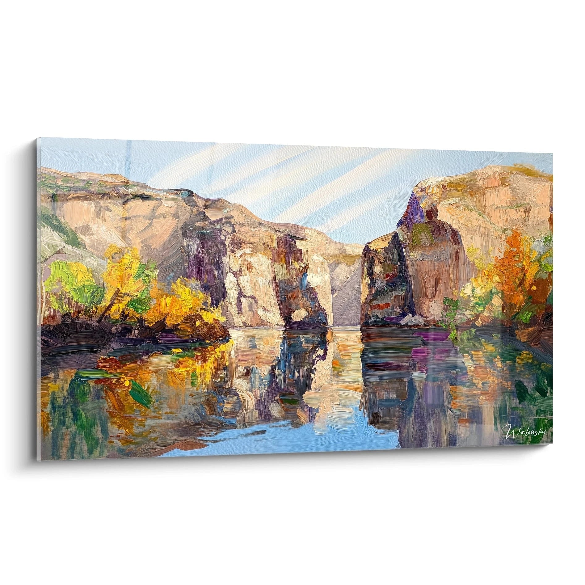 Tableau artistique représentant un canyon aux parois rocheuses beiges se reflétant dans une eau calme, avec une végétation automnale orangée et jaune bordant les falaises, dans un style impressionniste aux coups de pinceau visibles et texturés.
