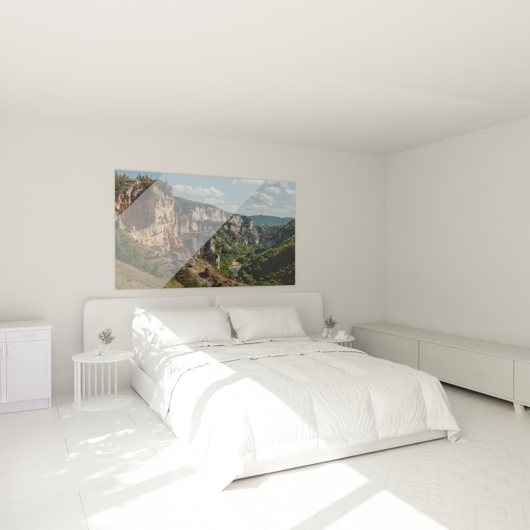 Tableau canyon calcaire dans chambre moderne, ambiance nature apaisante avec falaises rocheuses