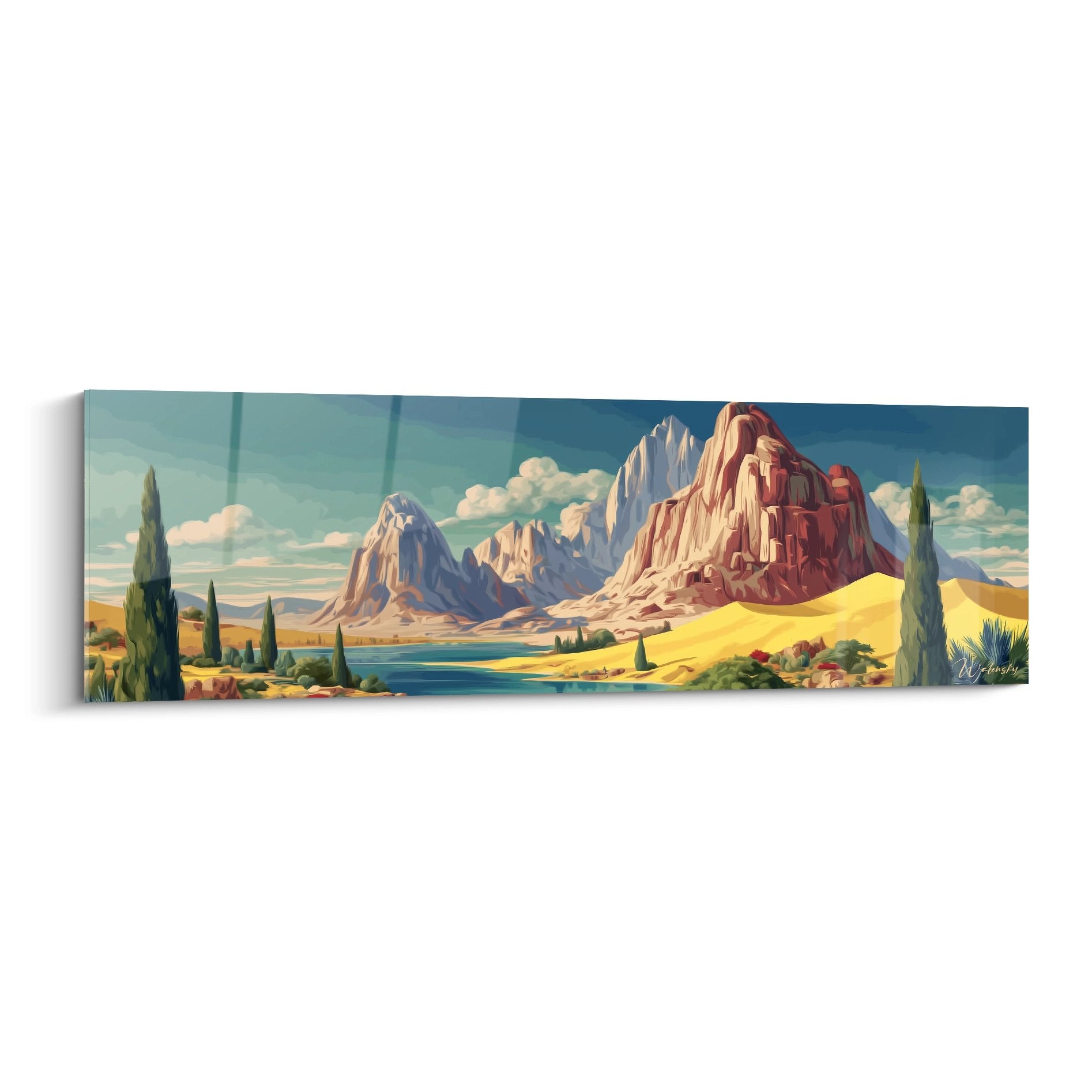 Tableau mural paysage canyon désert avec falaises rouges et cactus saguaro, art déco western