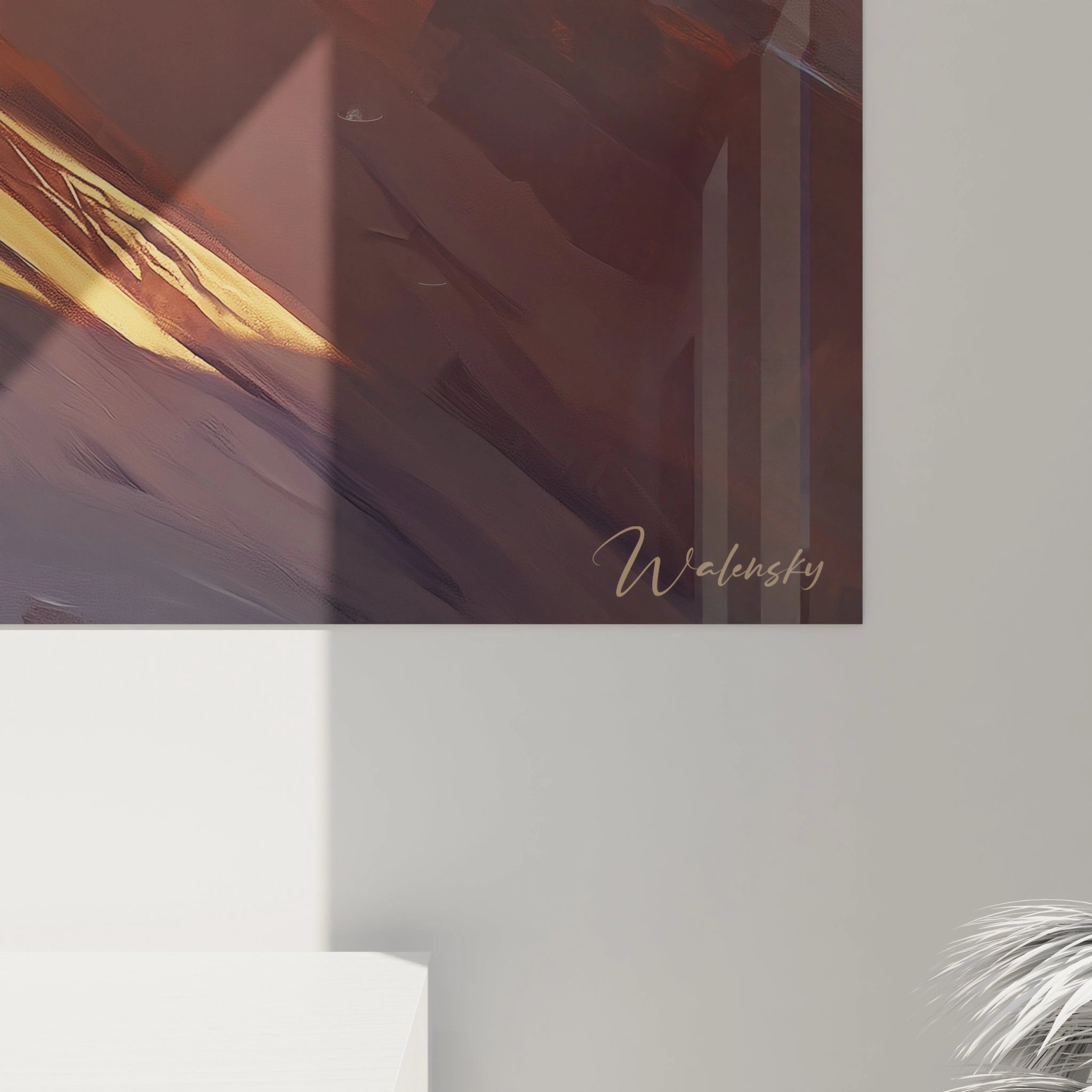 Un tableau montagne expressif illustrant un massif rocheux sous une lumière rasante, composé de teintes ocre, brunes et dorées qui transforment la solidité minérale en vision incandescente, avec des transitions abruptes entre zones illuminées et parties dans l'ombre.