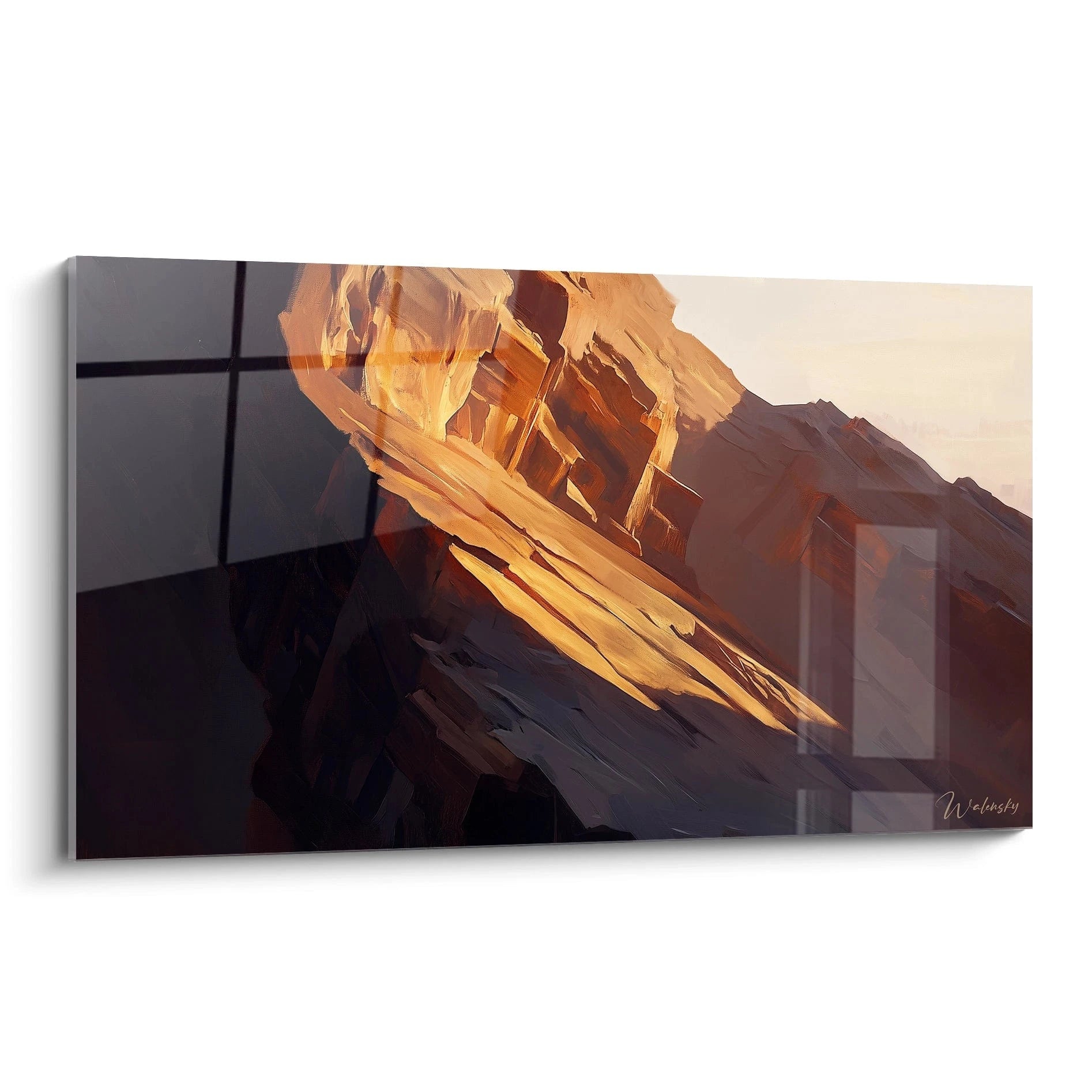 Un tableau montagne représentant une formation rocheuse illuminée par une lumière dorée, avec des tons orangés, marrons et beiges, créant un contraste saisissant entre zones éclairées et ombragées sur une composition verticale aux textures expressives.