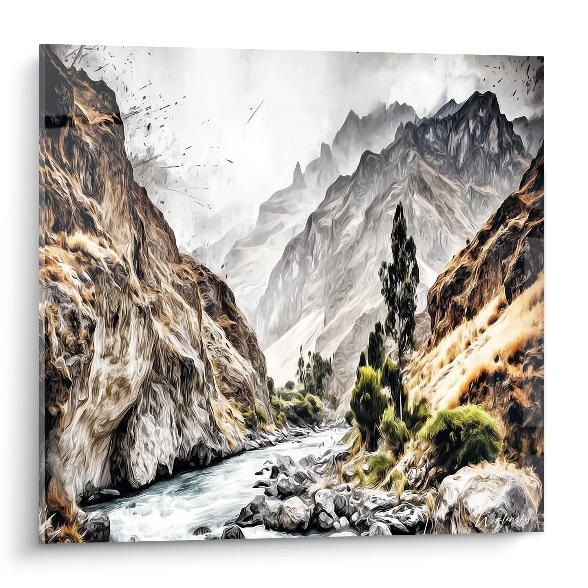 Tableau mural canyon montagneux avec rivière serpentant entre falaises escarpées et végétation alpine