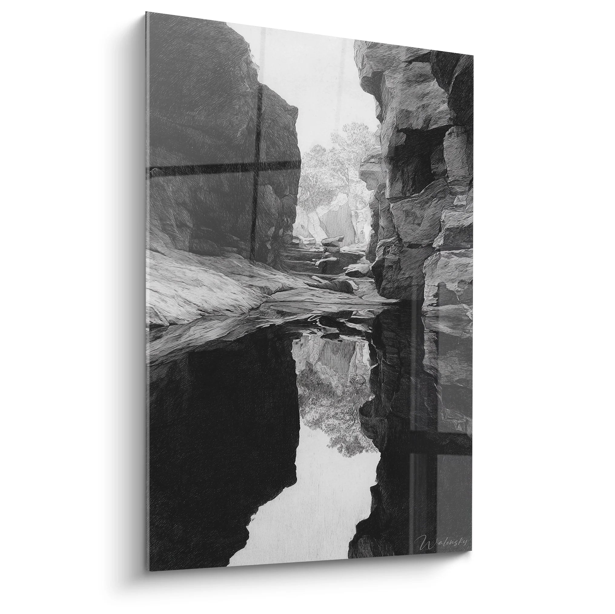 Tableau canyon noir et blanc avec reflets mystiques dans l'eau, décoration murale moderne