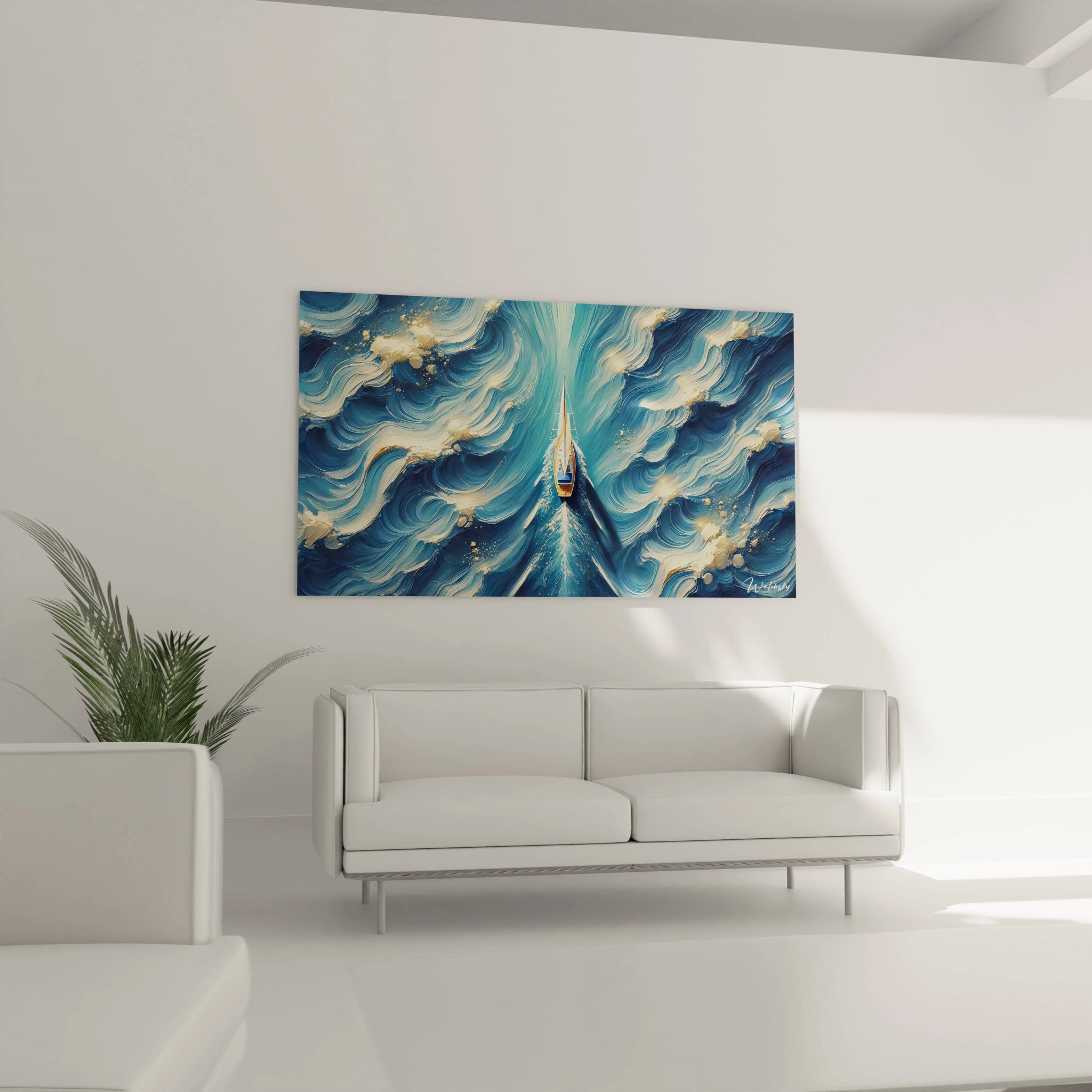Tableau Ocean dans un salon au dessus du canape apportant profondeur et evasion L ocean abstrait aux teintes de bleu et or invite a un moment de contemplation et de liberte