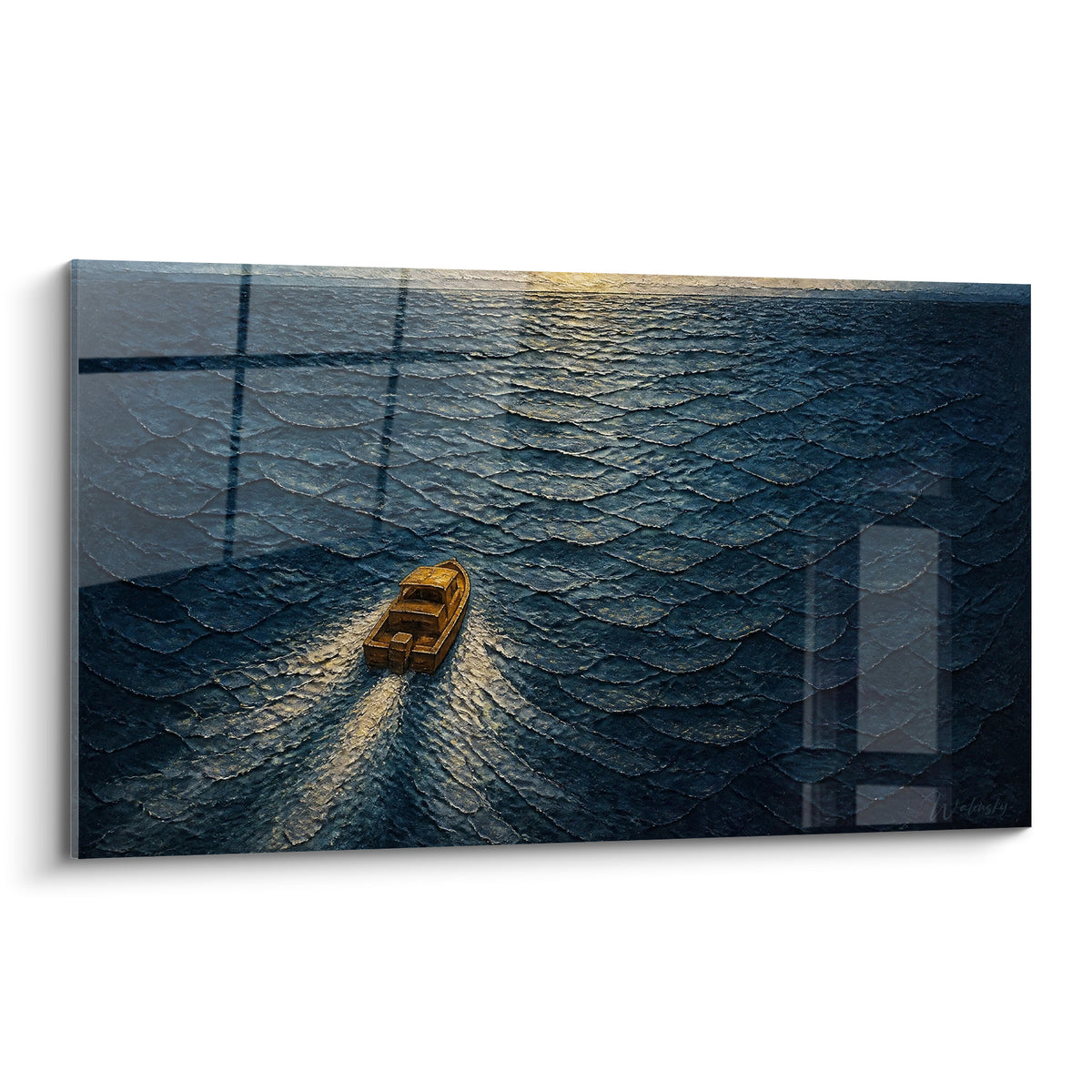 Bateau doré fendant une mer bleu marine texturée, sillage clair sous horizon lumineux, tableau Capbreton