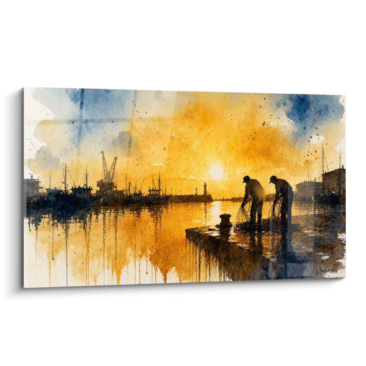 Pêcheurs en silhouette repliant leurs filets sur un quai orange et bleu marine au crépuscule