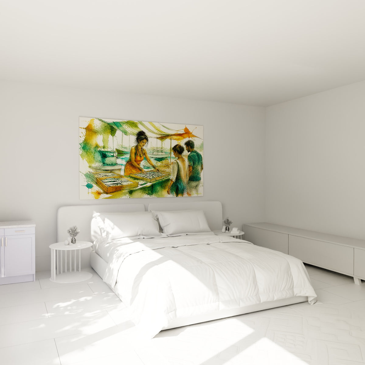 Marchande orange et clients verts observant des poissons, au-dessus d'un lit dans une chambre claire