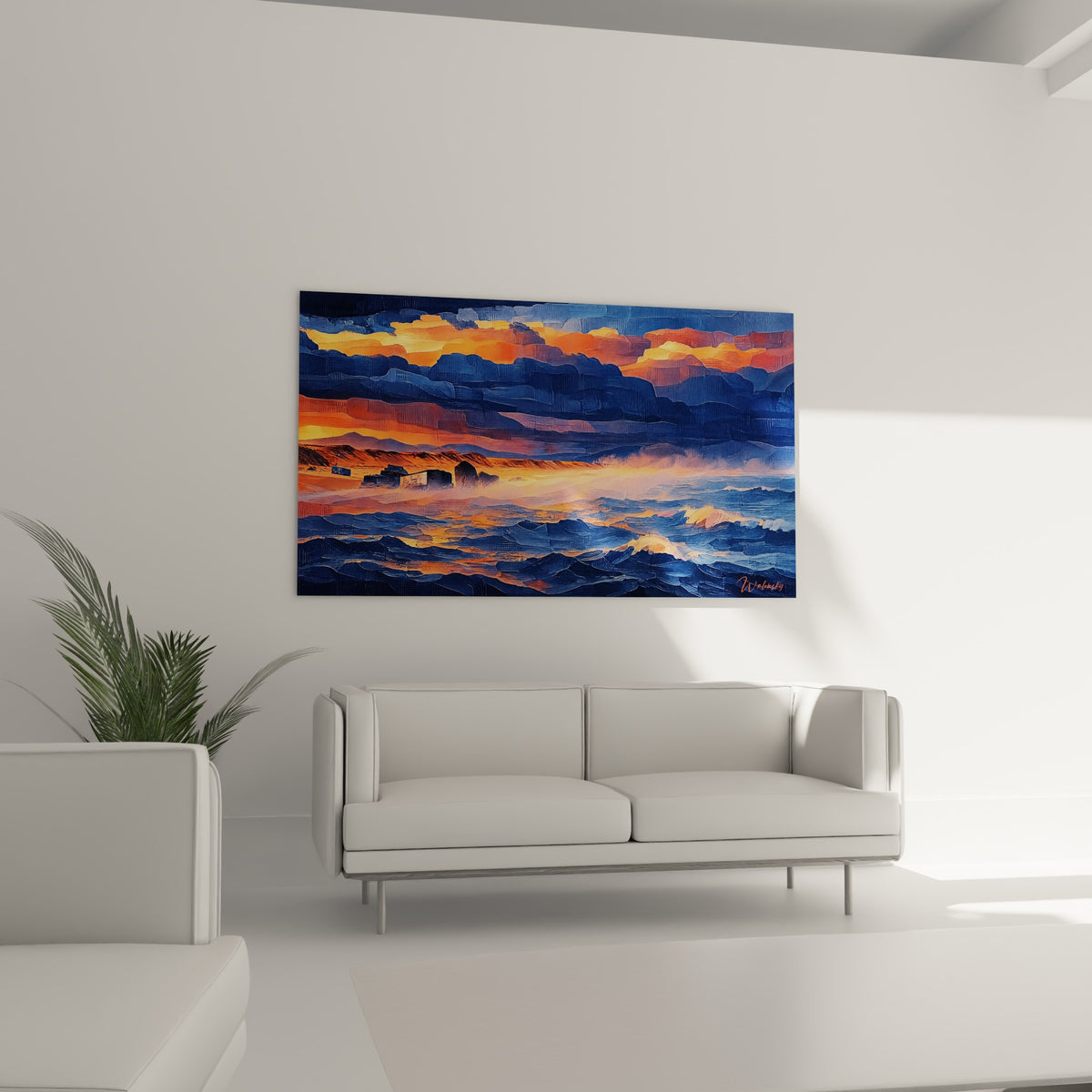 Tempête orangée et bleu marine du tableau Capbreton Nouvelle-Aquitaine France au-dessus d'un canapé dans un salon lumineux