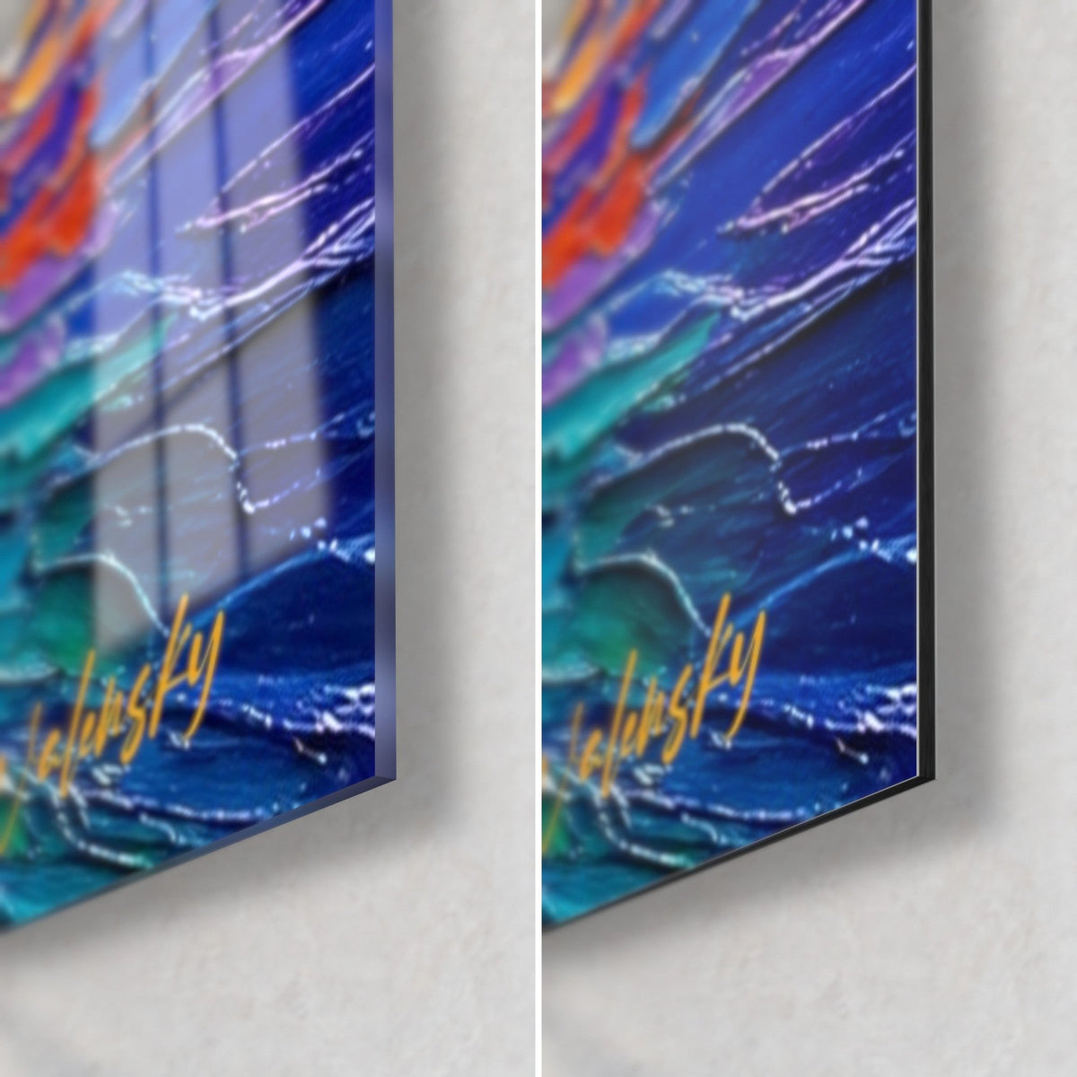 Wall art fishing boat in thick impasto, bottom right corner: cobalt and white waves, golden signature, gloss glass and matte Dibond
