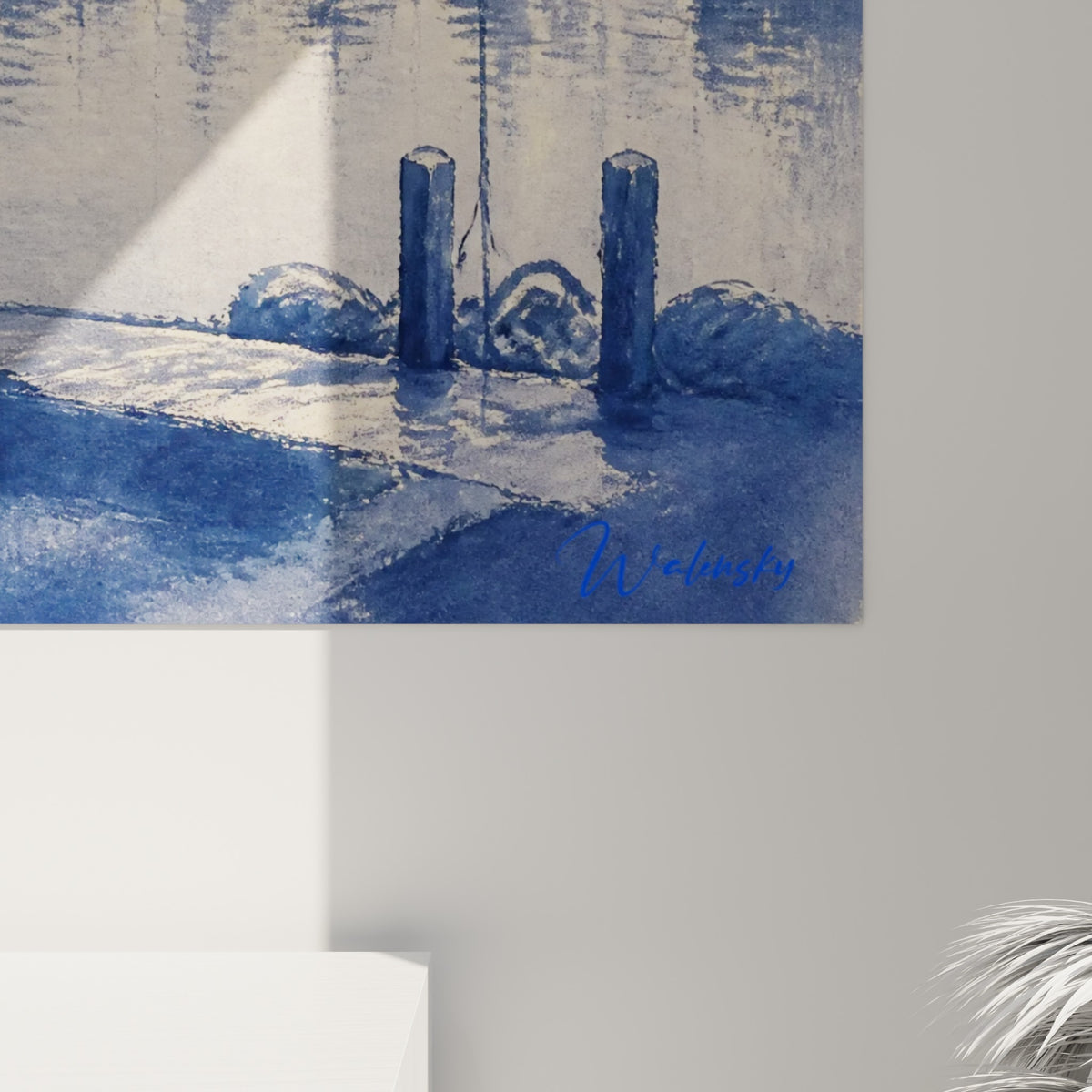 Empâtements bleu indigo et touches ocre révélant la matière aquarelle du tableau Capbreton
