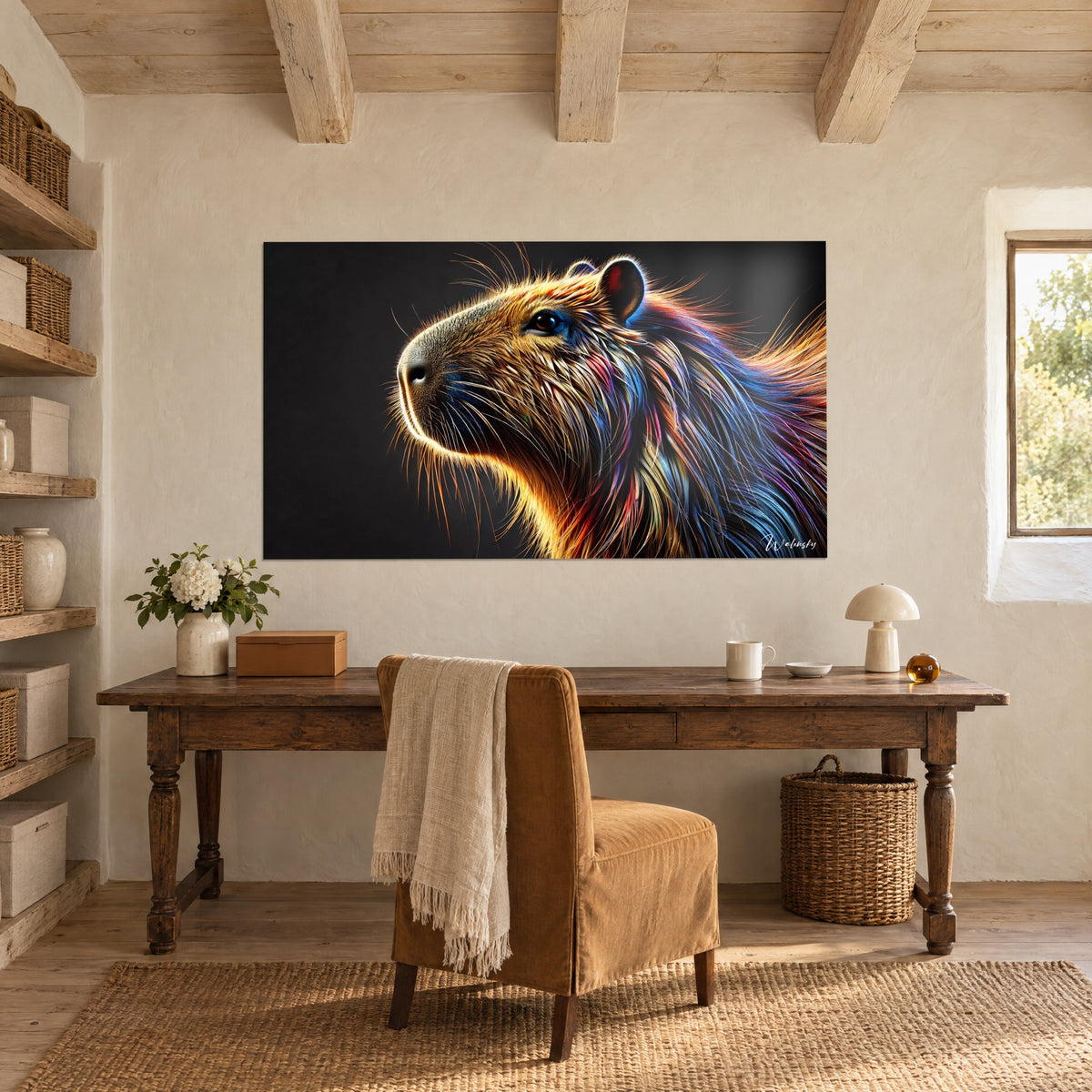 Cuadro de un gran roedor con reflejos magenta y ocre sobre fondo oscuro, colgado encima de un escritorio de madera antigua y un sillón beige